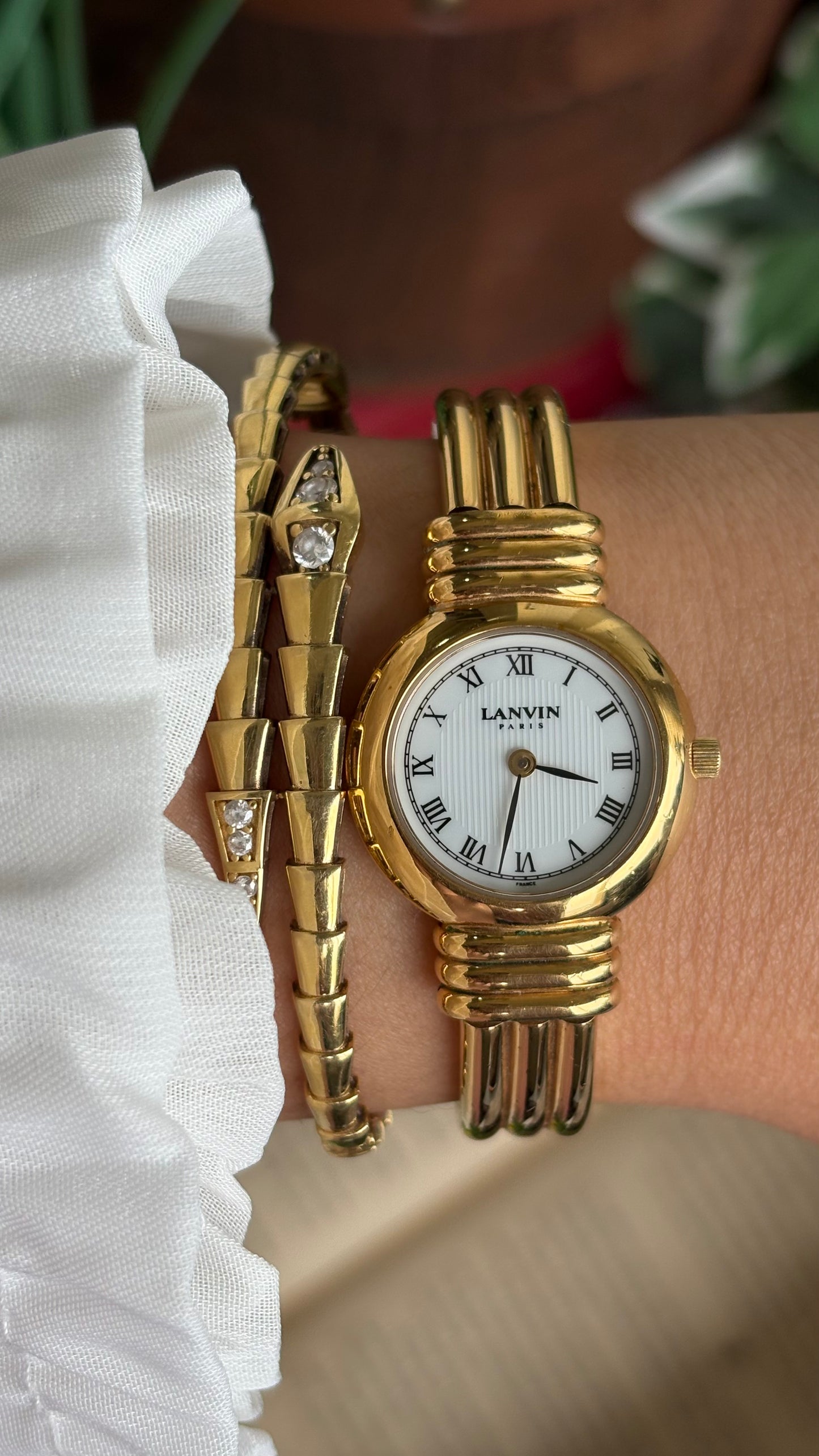 Vintage Lanvin Paris Bangle Watch in Gold Tone Roman Dial