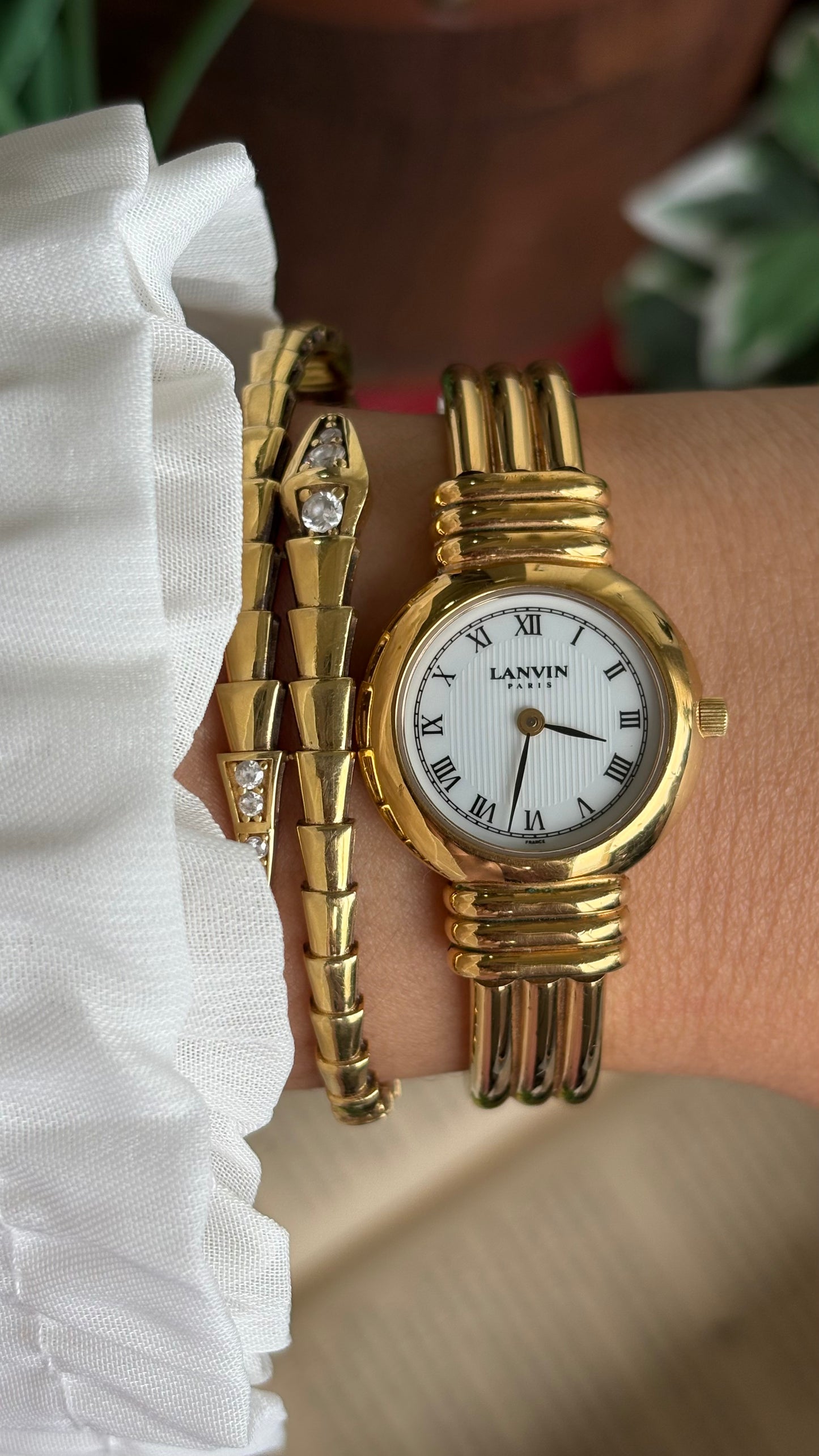 Vintage Lanvin Paris Bangle Watch in Gold Tone Roman Dial