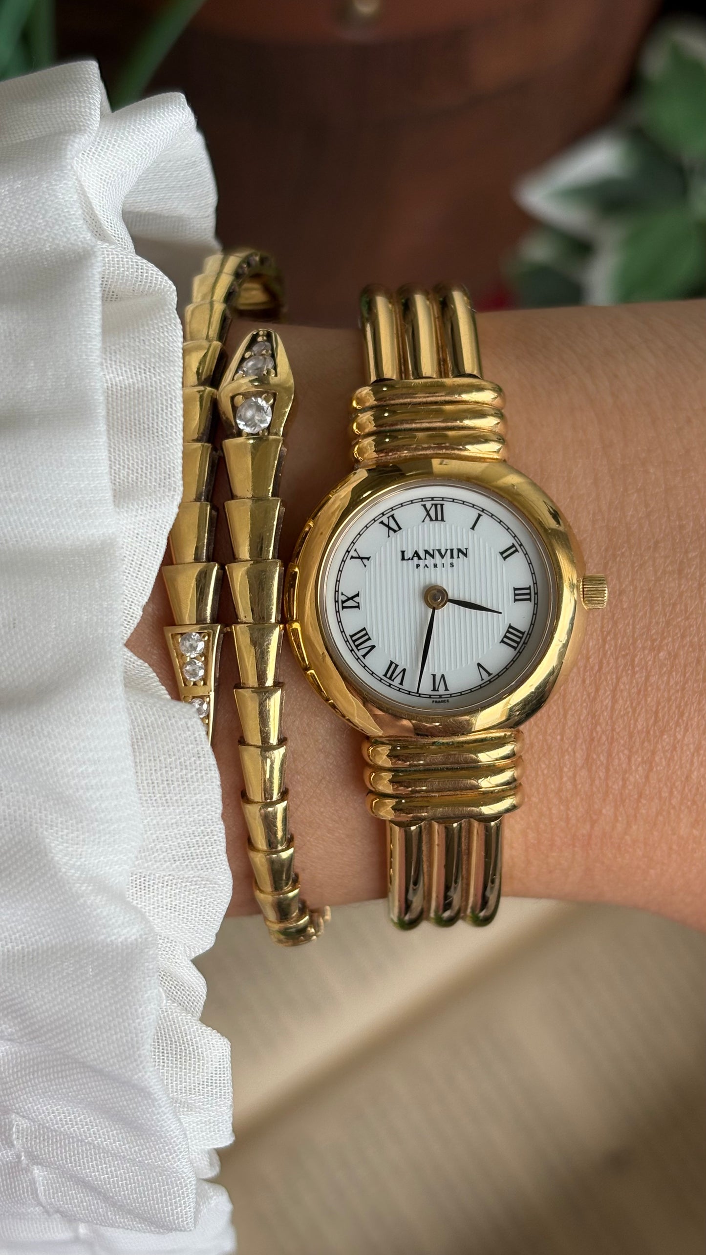 Vintage Lanvin Paris Bangle Watch in Gold Tone Roman Dial