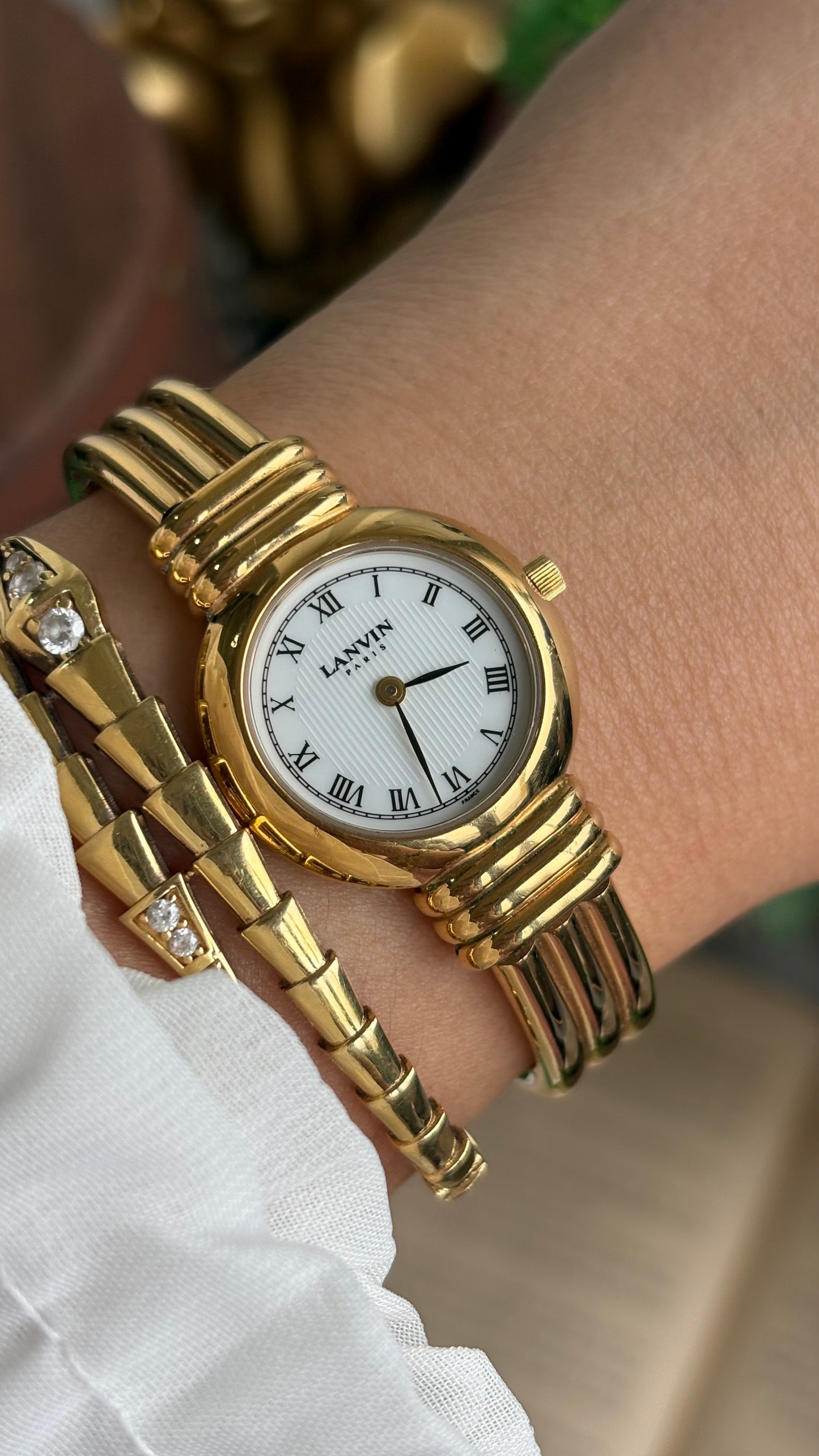 Vintage Lanvin Paris Bangle Watch in Gold Tone Roman Dial
