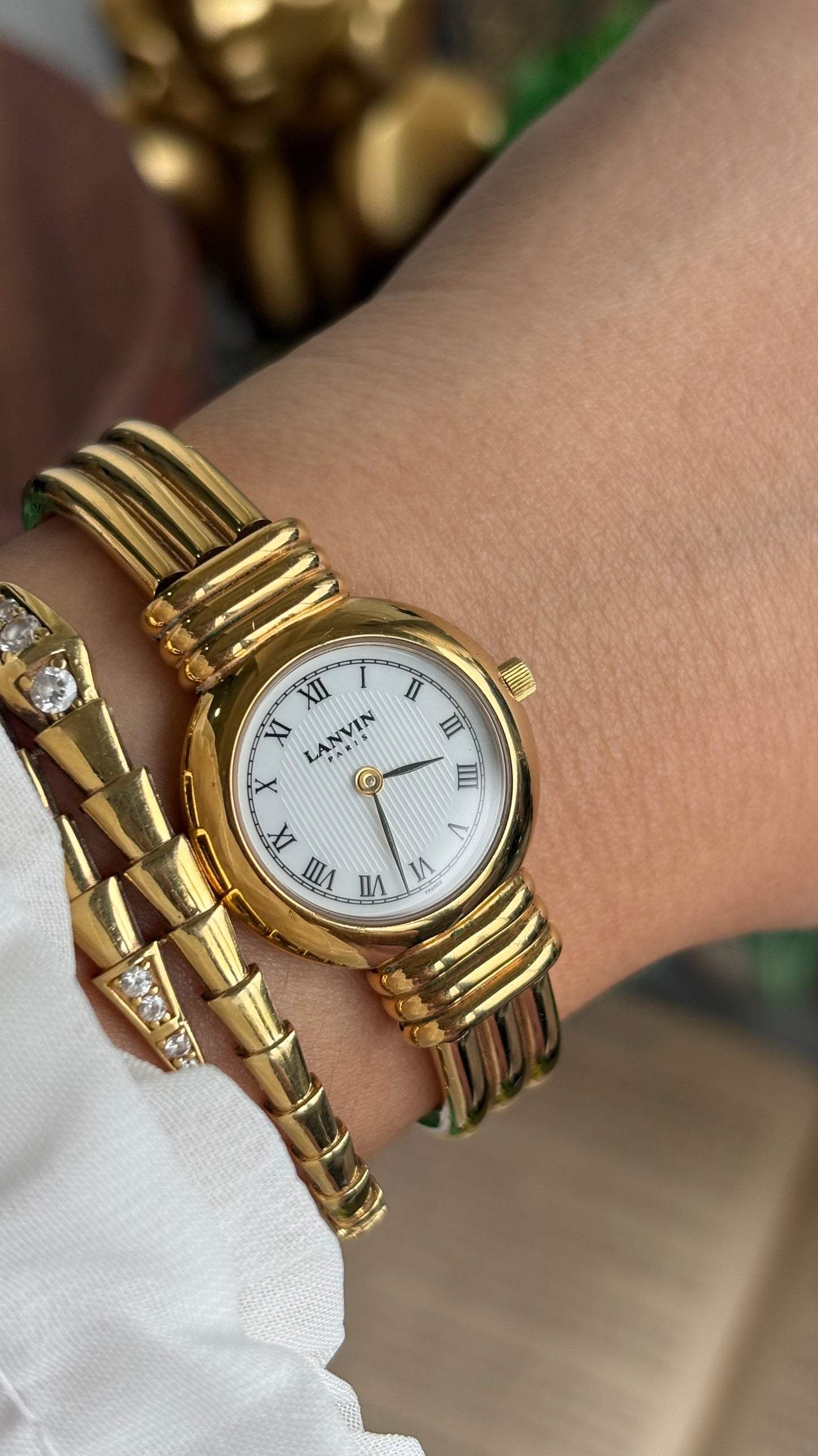 Vintage Lanvin Paris Bangle Watch in Gold Tone Roman Dial