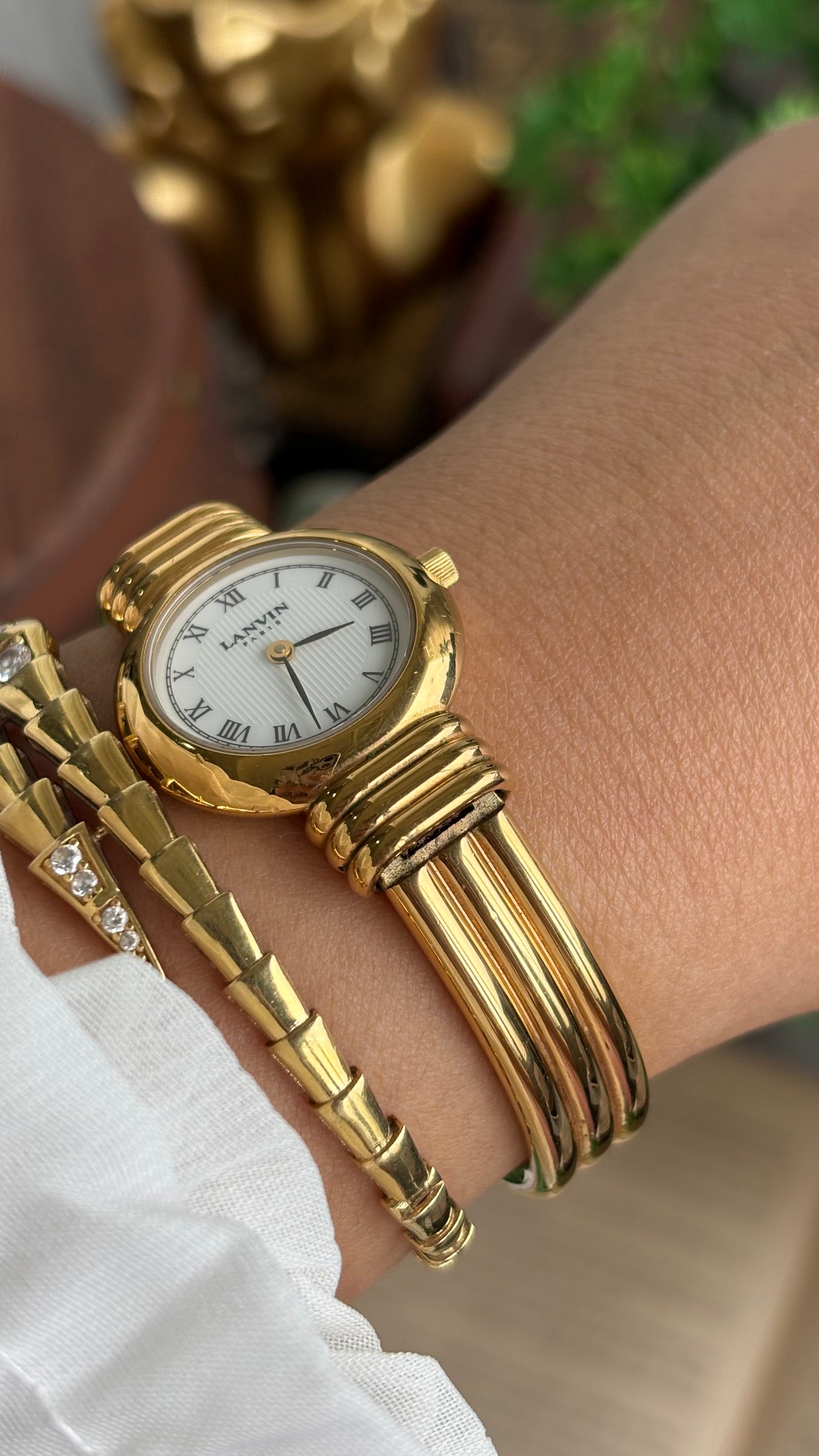 Vintage Lanvin Paris Bangle Watch in Gold Tone Roman Dial