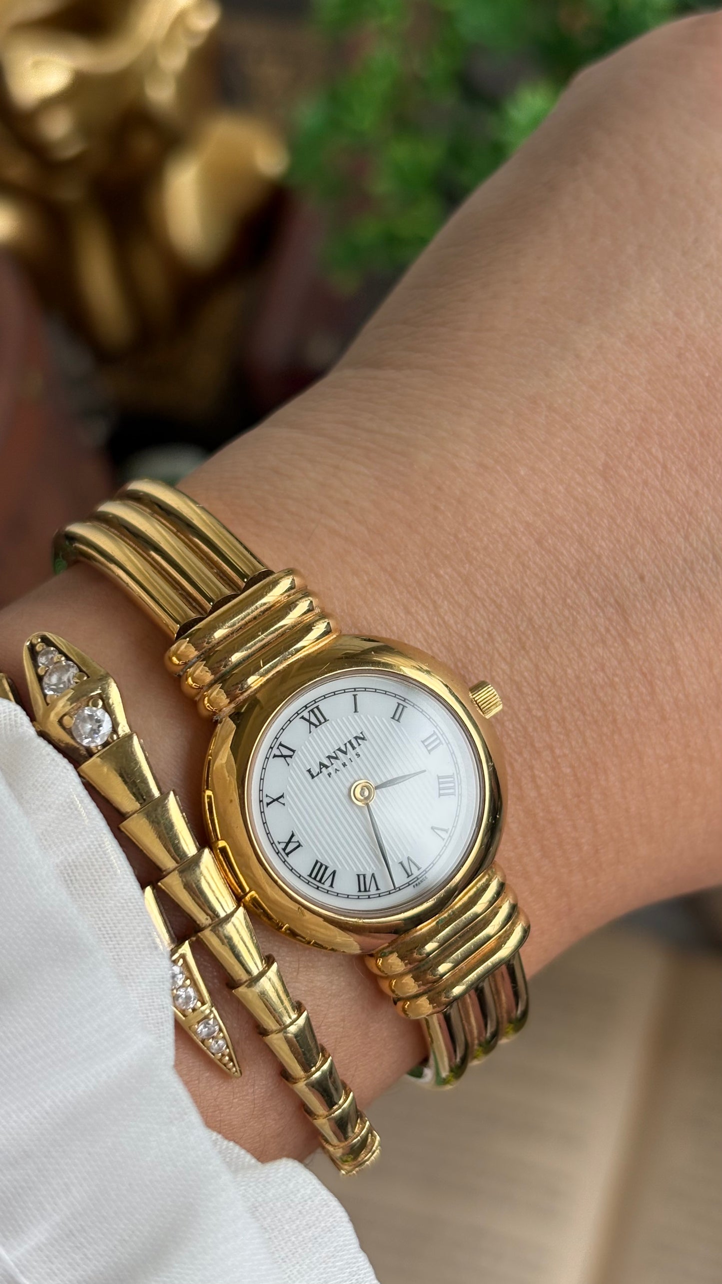 Vintage Lanvin Paris Bangle Watch in Gold Tone Roman Dial