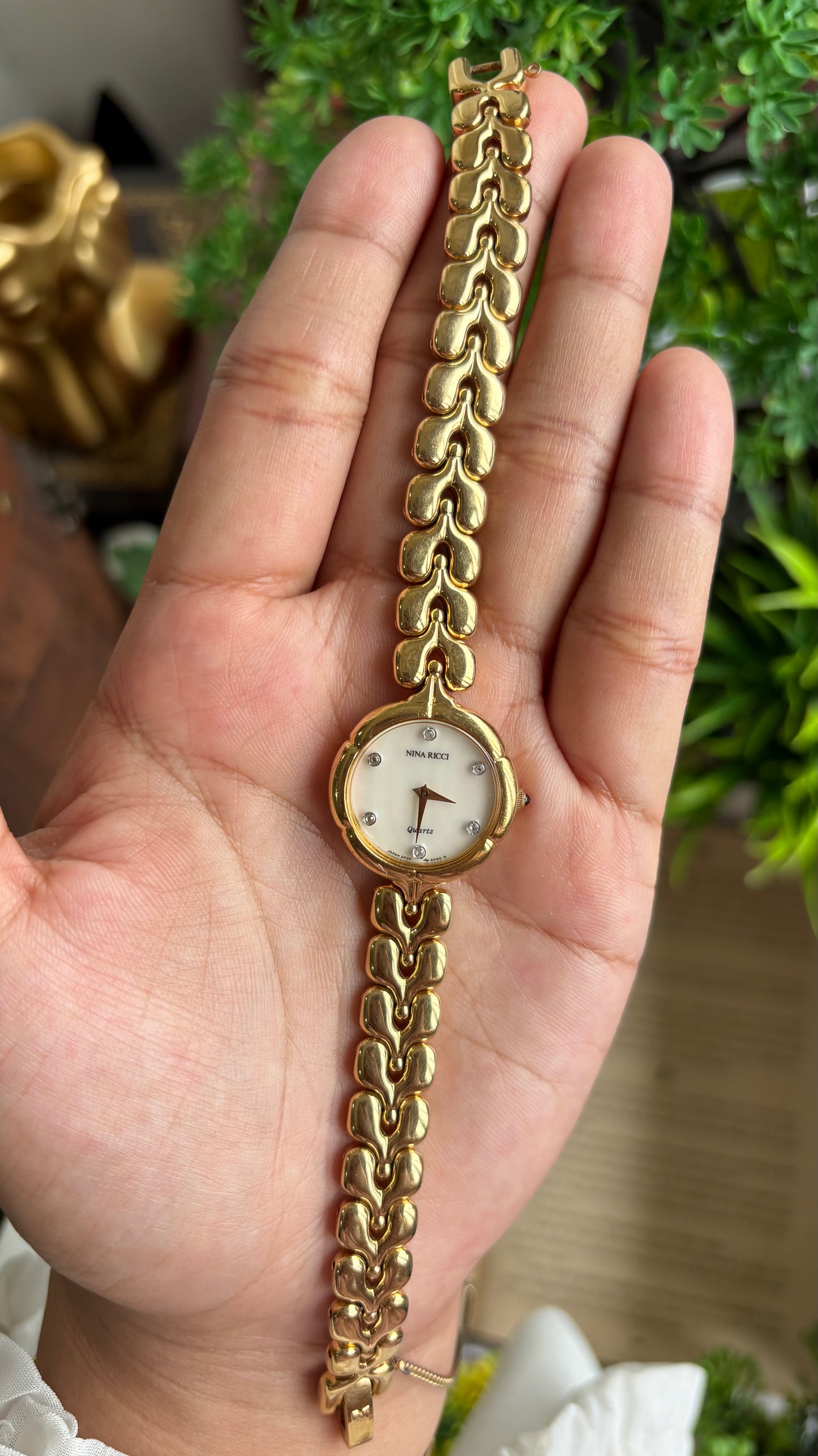 Vintage Nina Ricci Watch in Gold Tone Mother of Pearl Dial Flower Art Deco