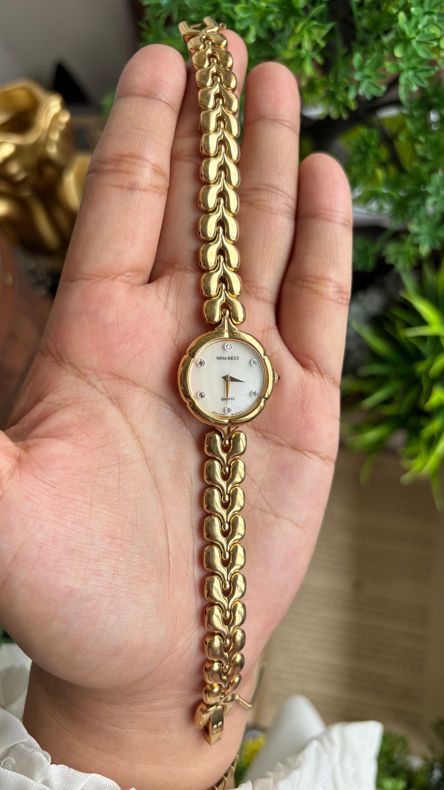 Vintage Nina Ricci Watch in Gold Tone Mother of Pearl Dial Flower Art Deco