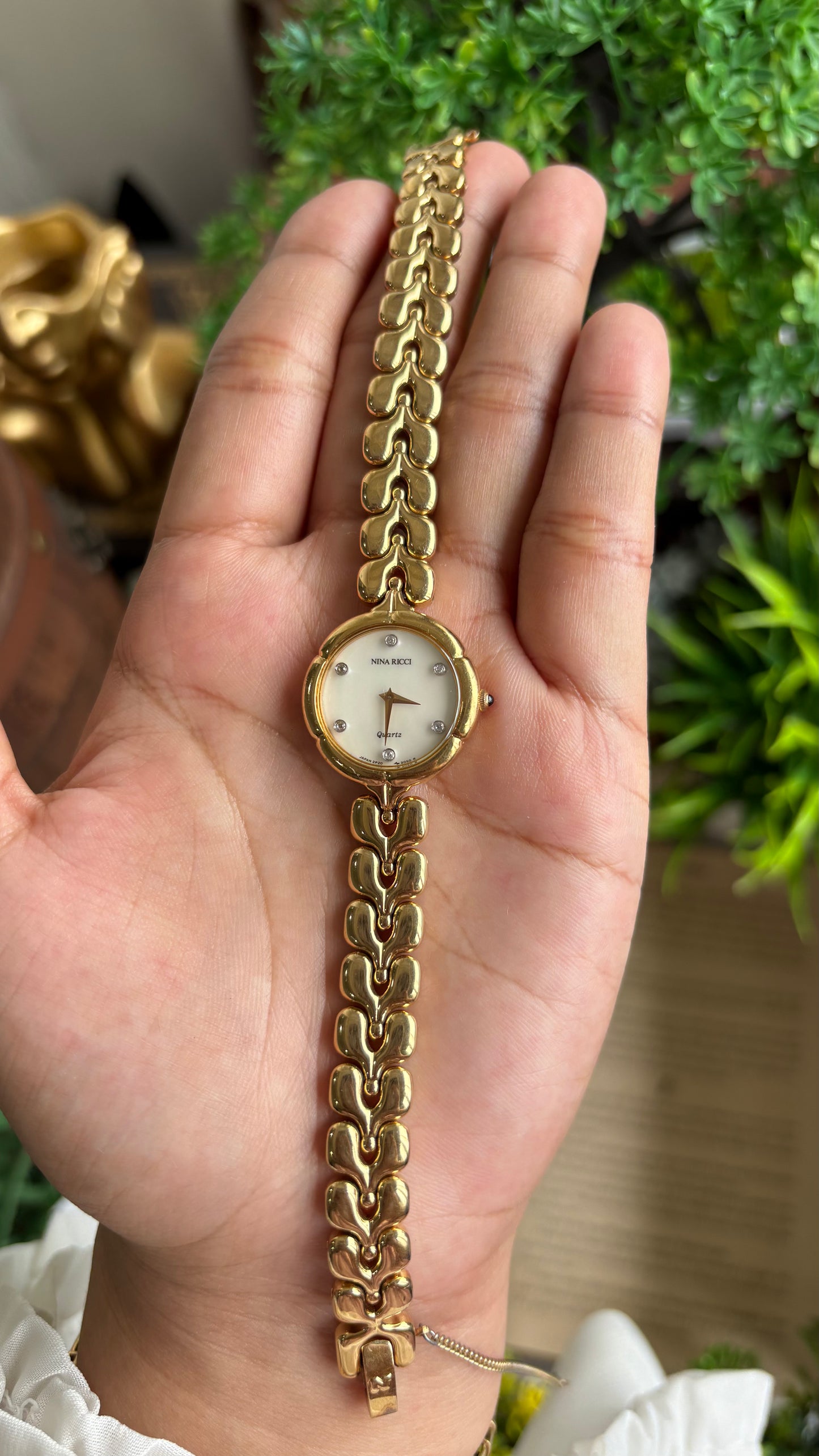 Vintage Nina Ricci Watch in Gold Tone Mother of Pearl Dial Flower Art Deco