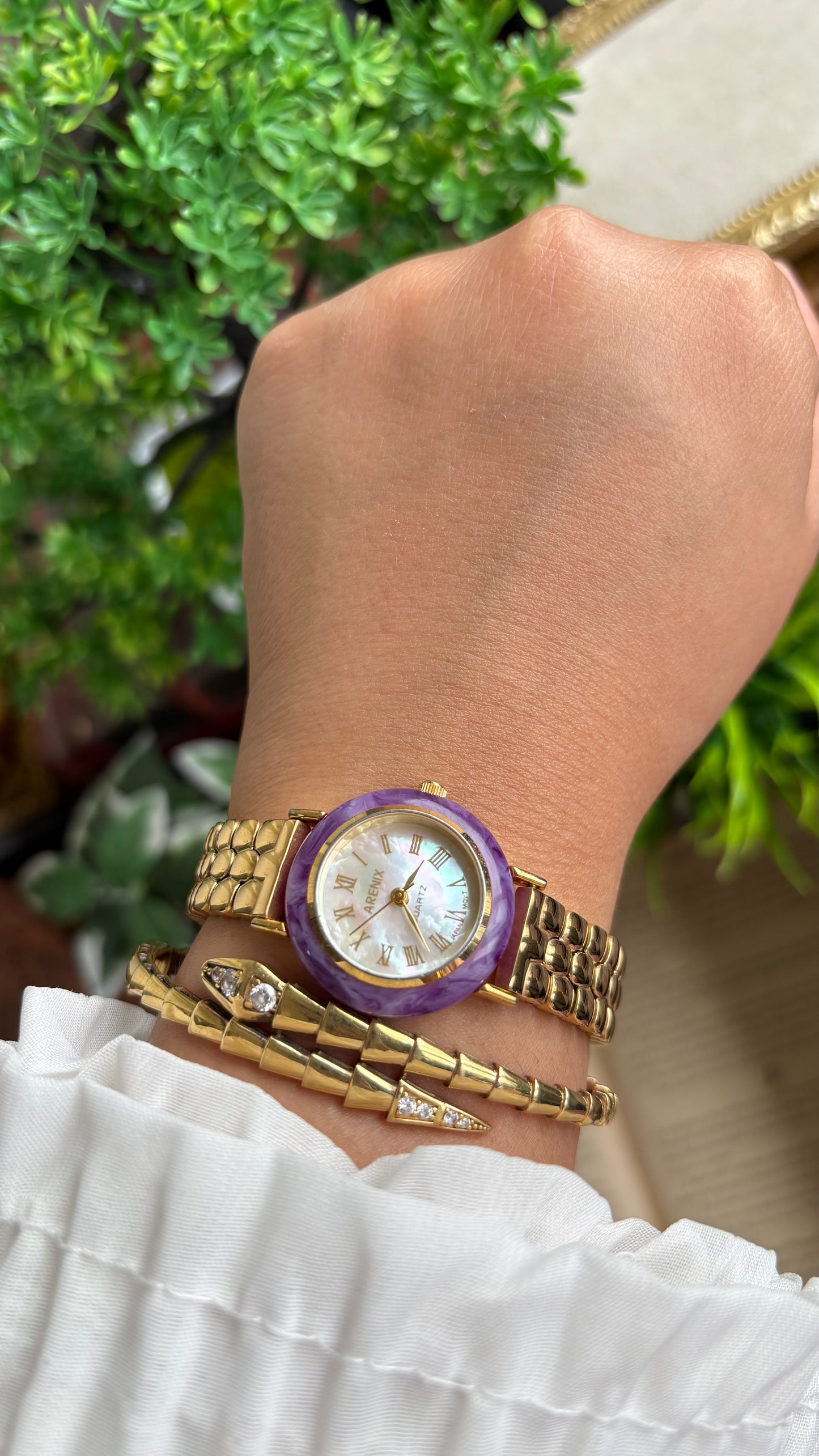 Vintage Arenix Watch in Gold Tone Amethyst Bezel Pearl Dial