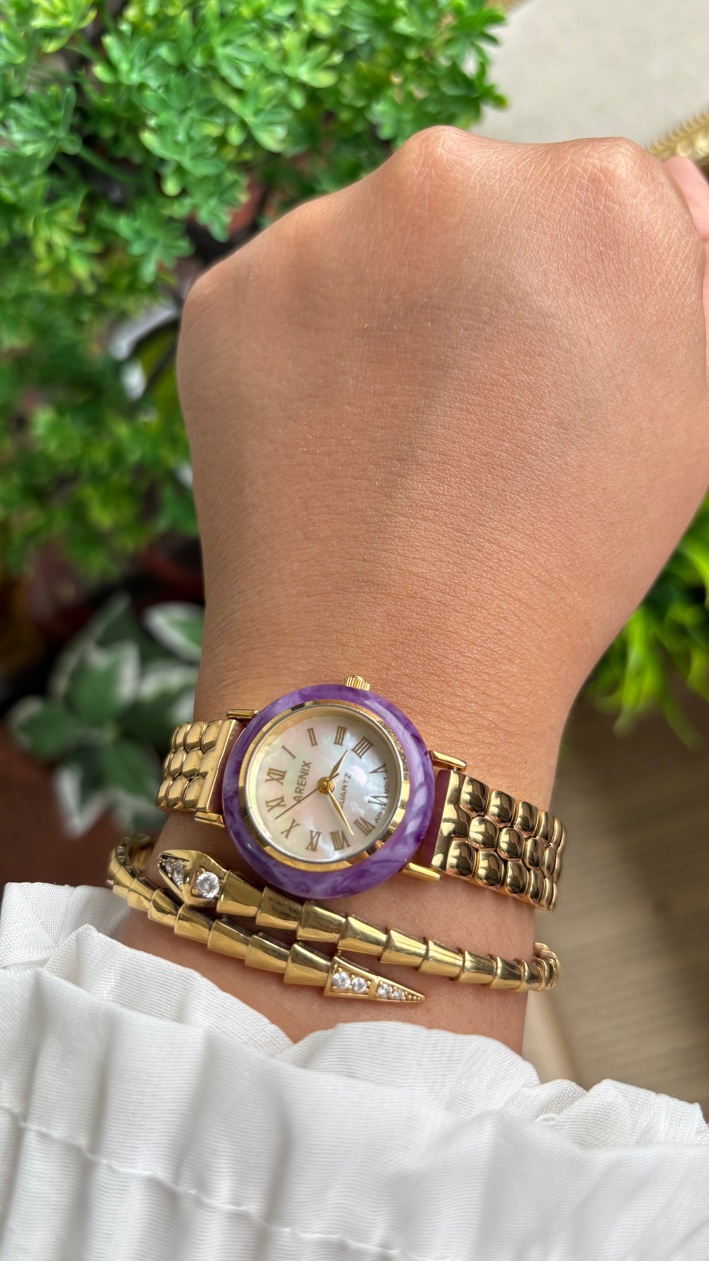 Vintage Arenix Watch in Gold Tone Amethyst Bezel Pearl Dial