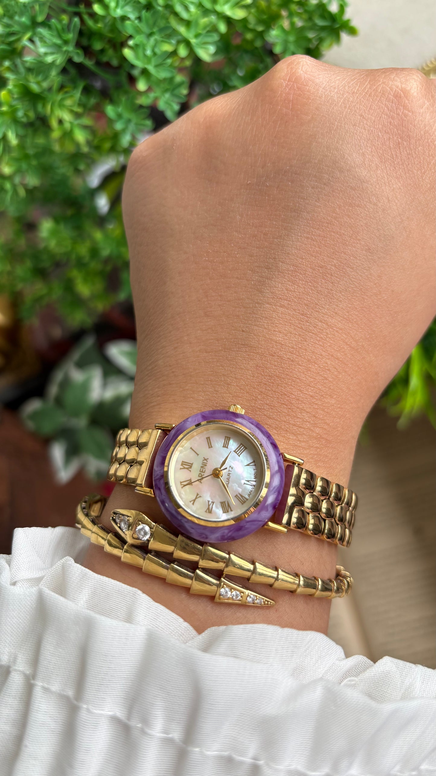 Vintage Arenix Watch in Gold Tone Amethyst Bezel Pearl Dial