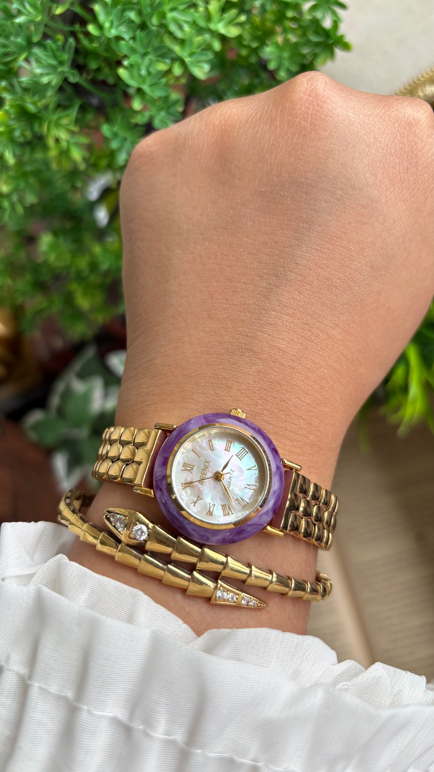 Vintage Arenix Watch in Gold Tone Amethyst Bezel Pearl Dial