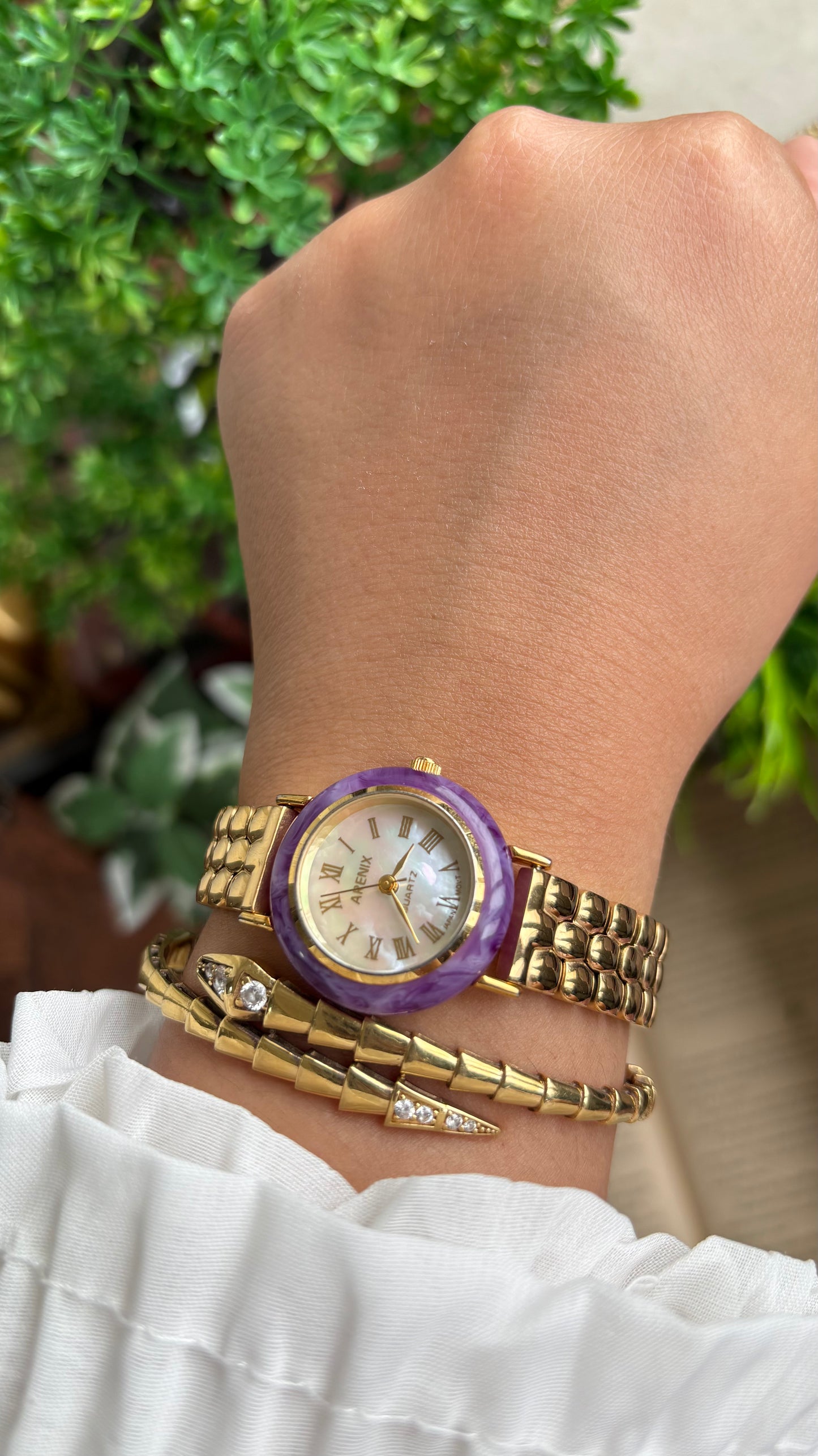 Vintage Arenix Watch in Gold Tone Amethyst Bezel Pearl Dial