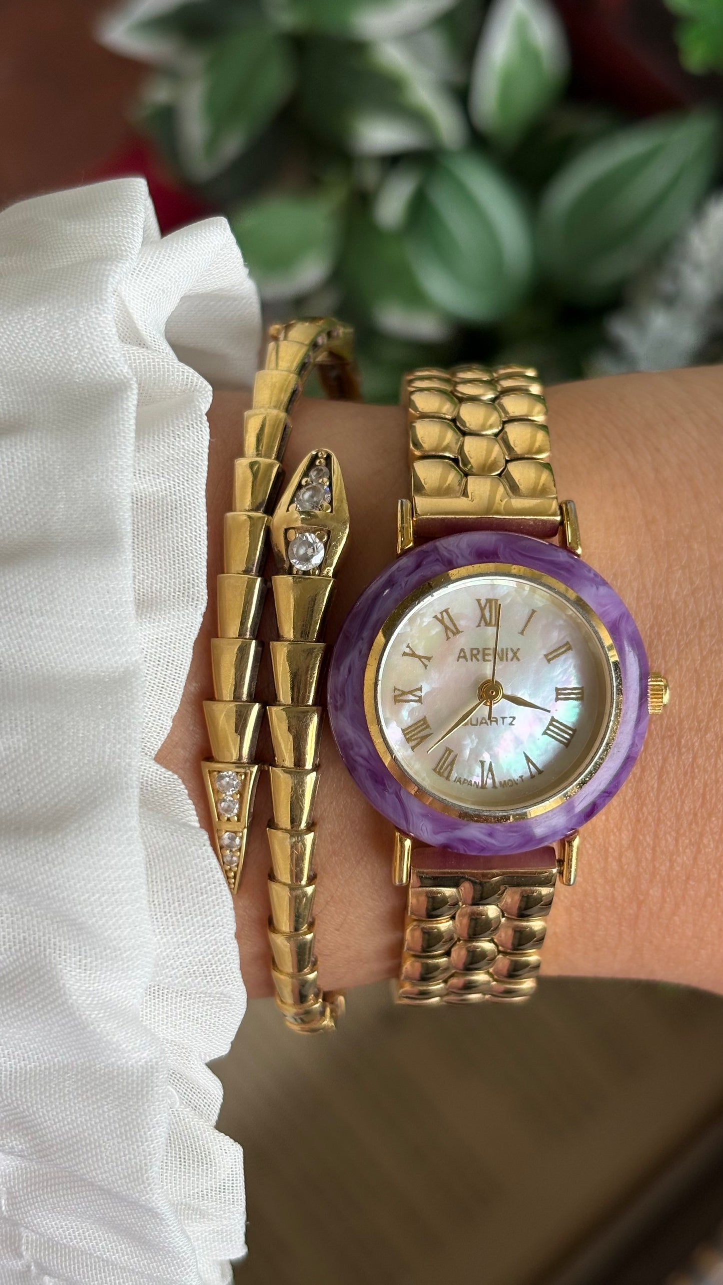 Vintage Arenix Watch in Gold Tone Amethyst Bezel Pearl Dial