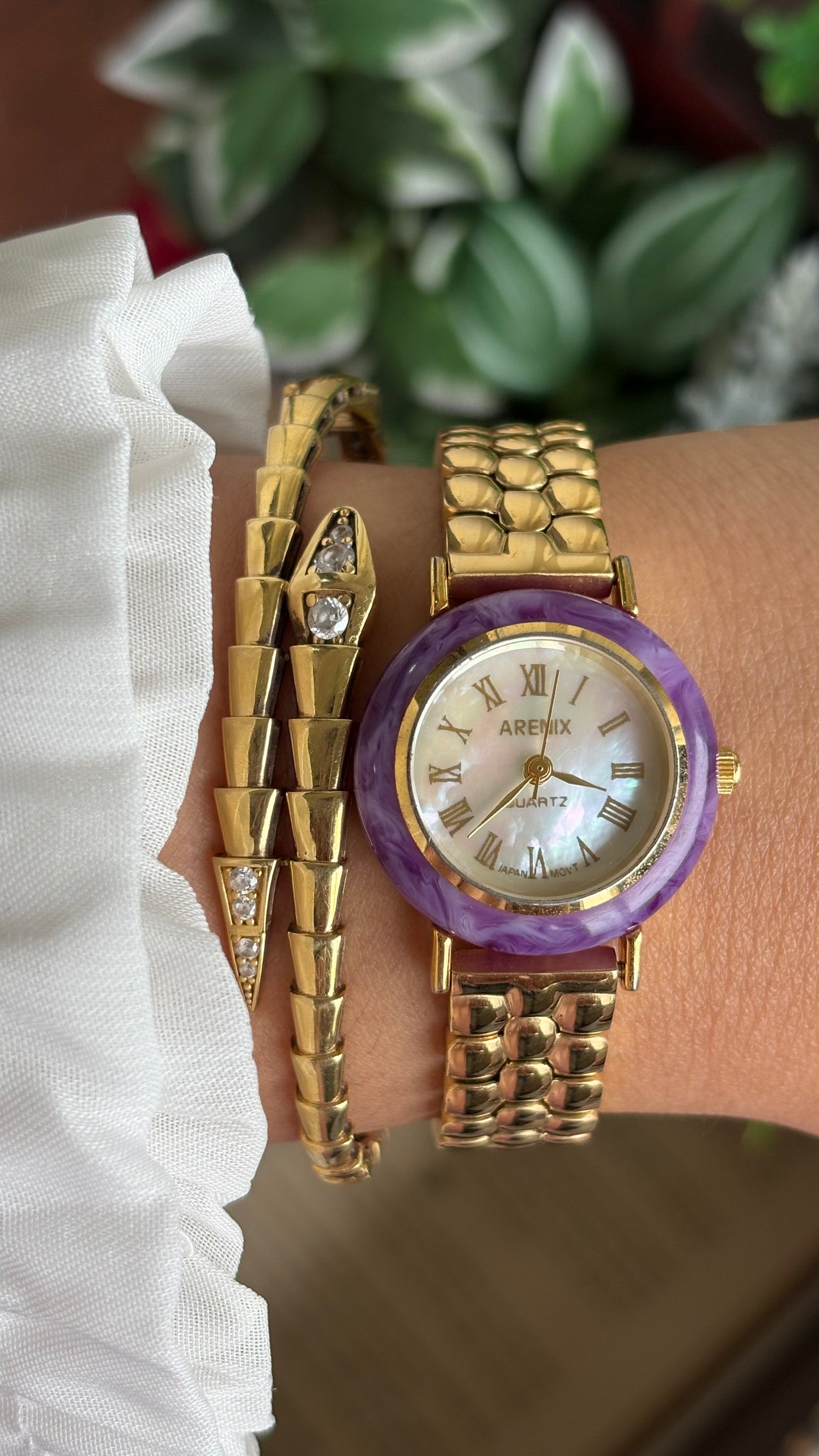 Vintage Arenix Watch in Gold Tone Amethyst Bezel Pearl Dial