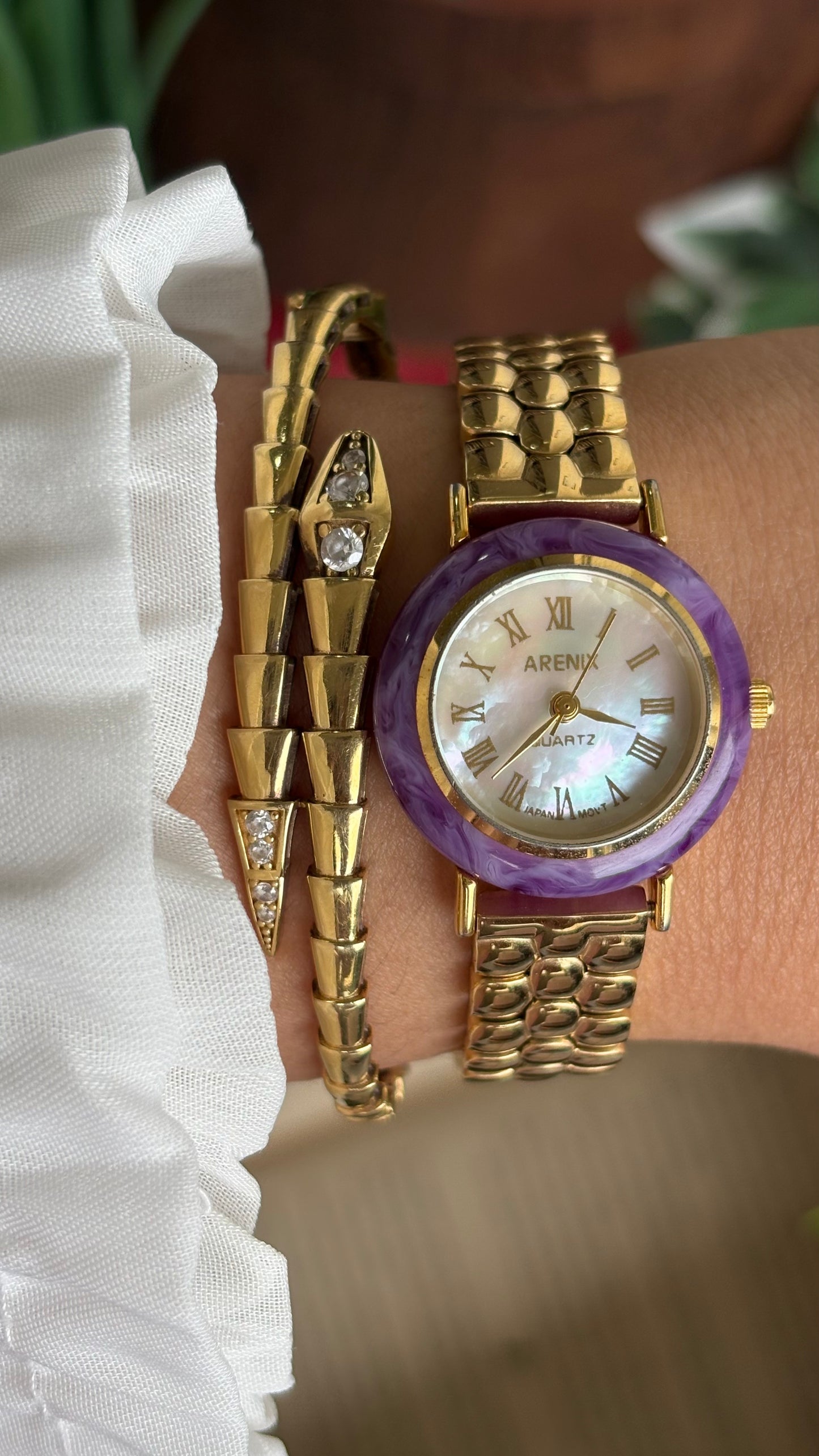 Vintage Arenix Watch in Gold Tone Amethyst Bezel Pearl Dial