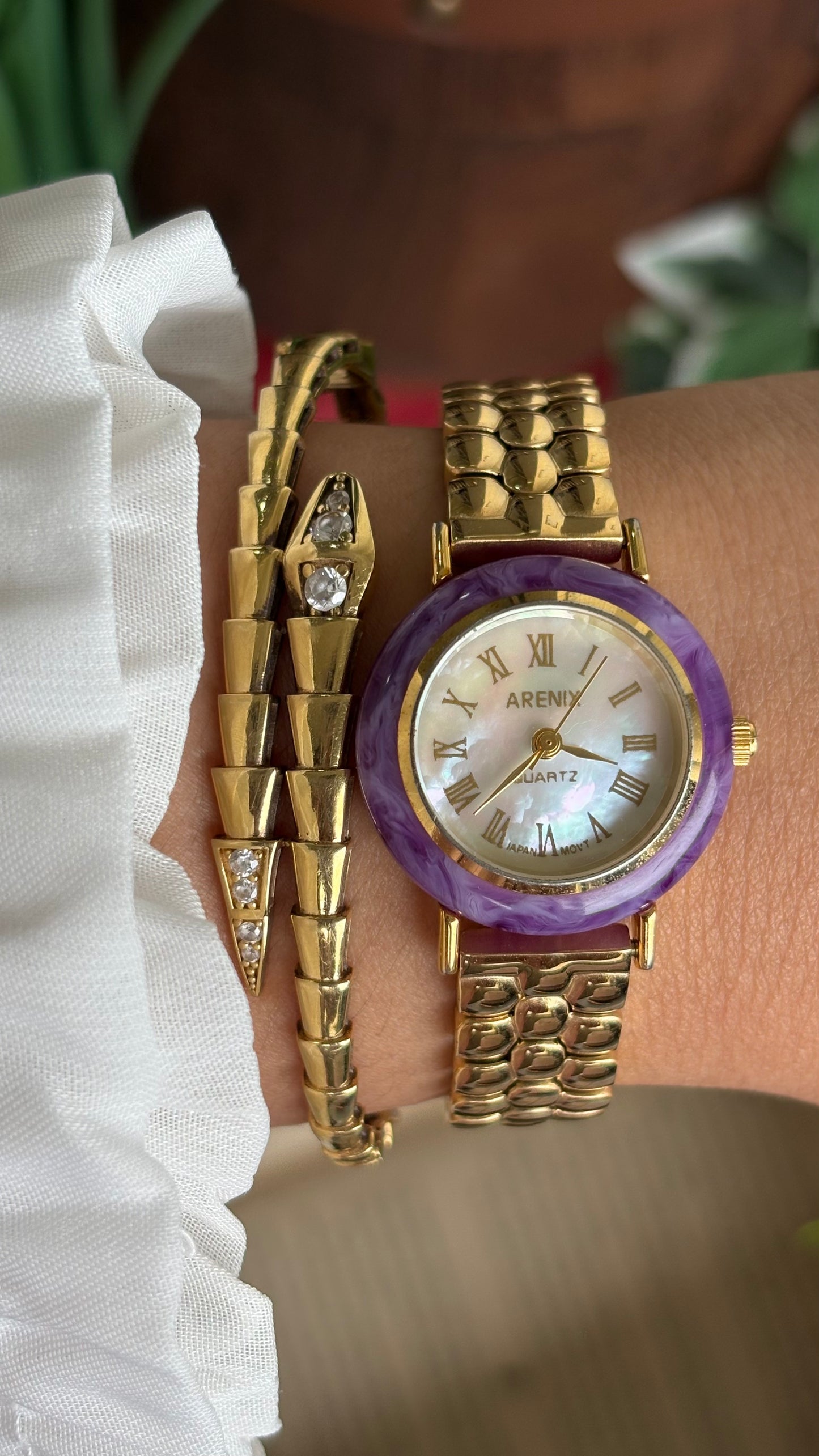 Vintage Arenix Watch in Gold Tone Amethyst Bezel Pearl Dial