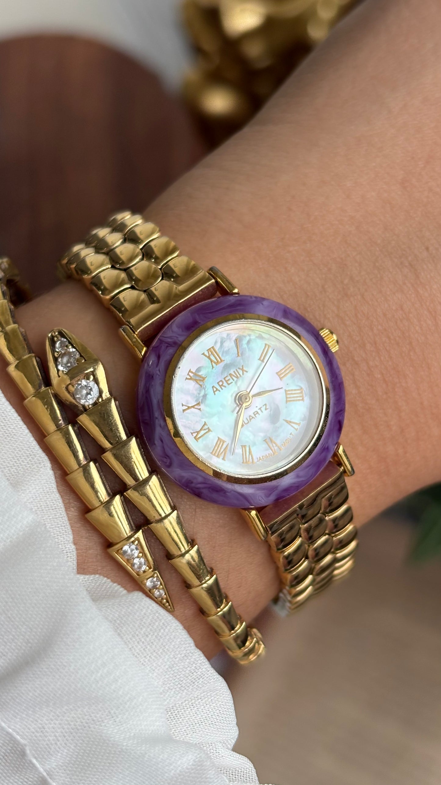 Vintage Arenix Watch in Gold Tone Amethyst Bezel Pearl Dial