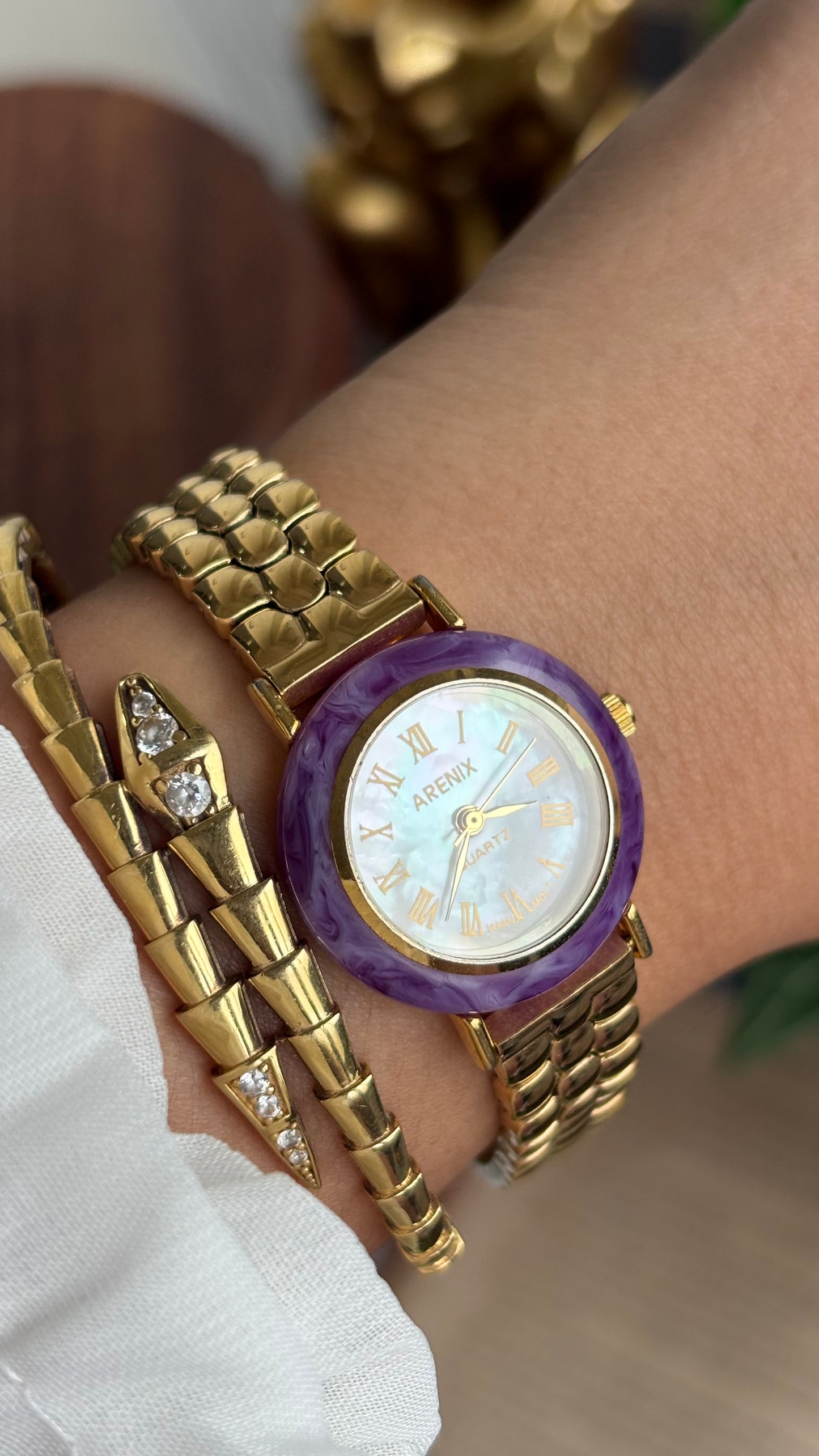 Vintage Arenix Watch in Gold Tone Amethyst Bezel Pearl Dial