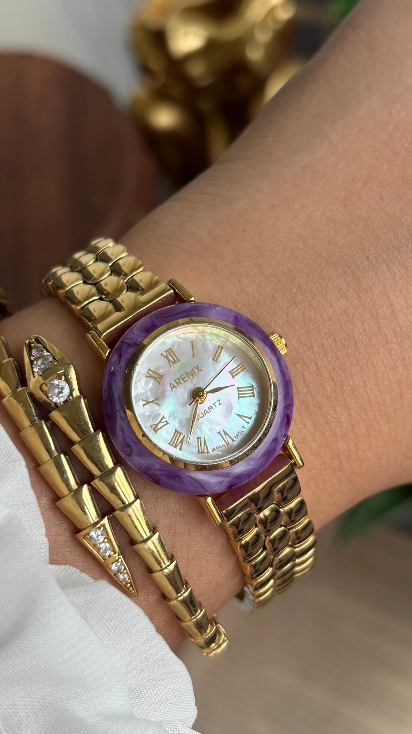 Vintage Arenix Watch in Gold Tone Amethyst Bezel Pearl Dial