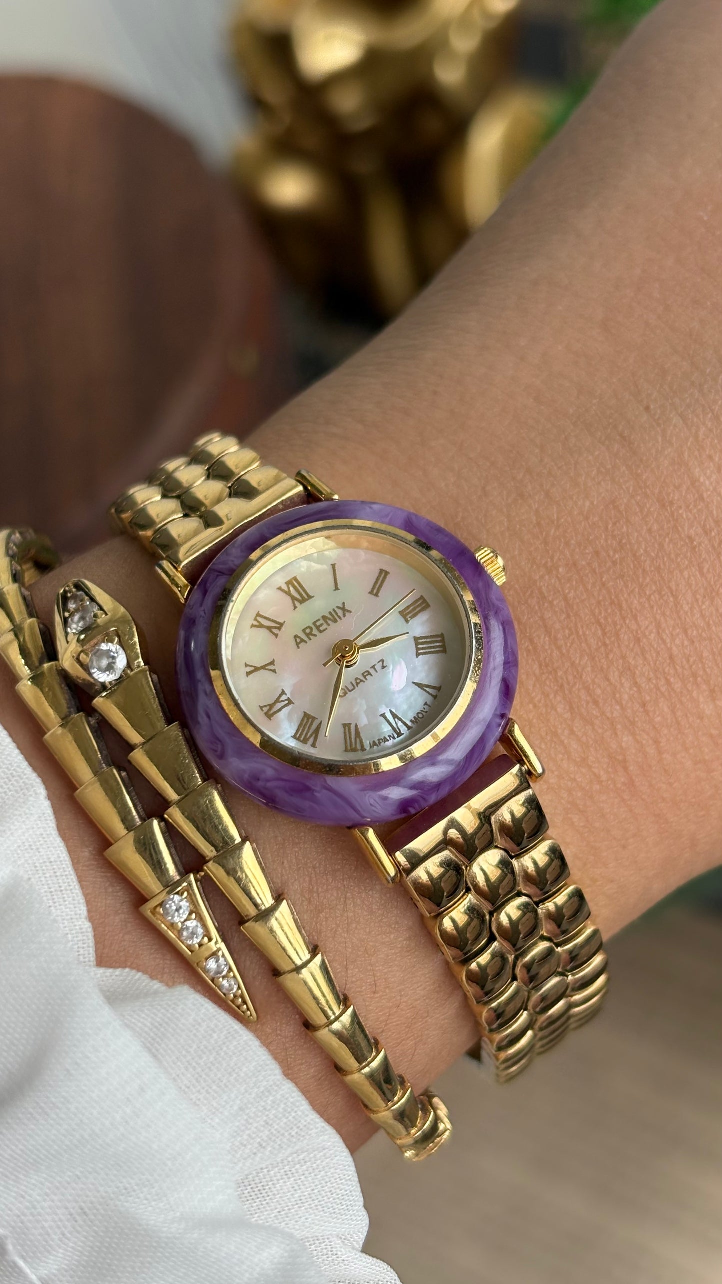 Vintage Arenix Watch in Gold Tone Amethyst Bezel Pearl Dial