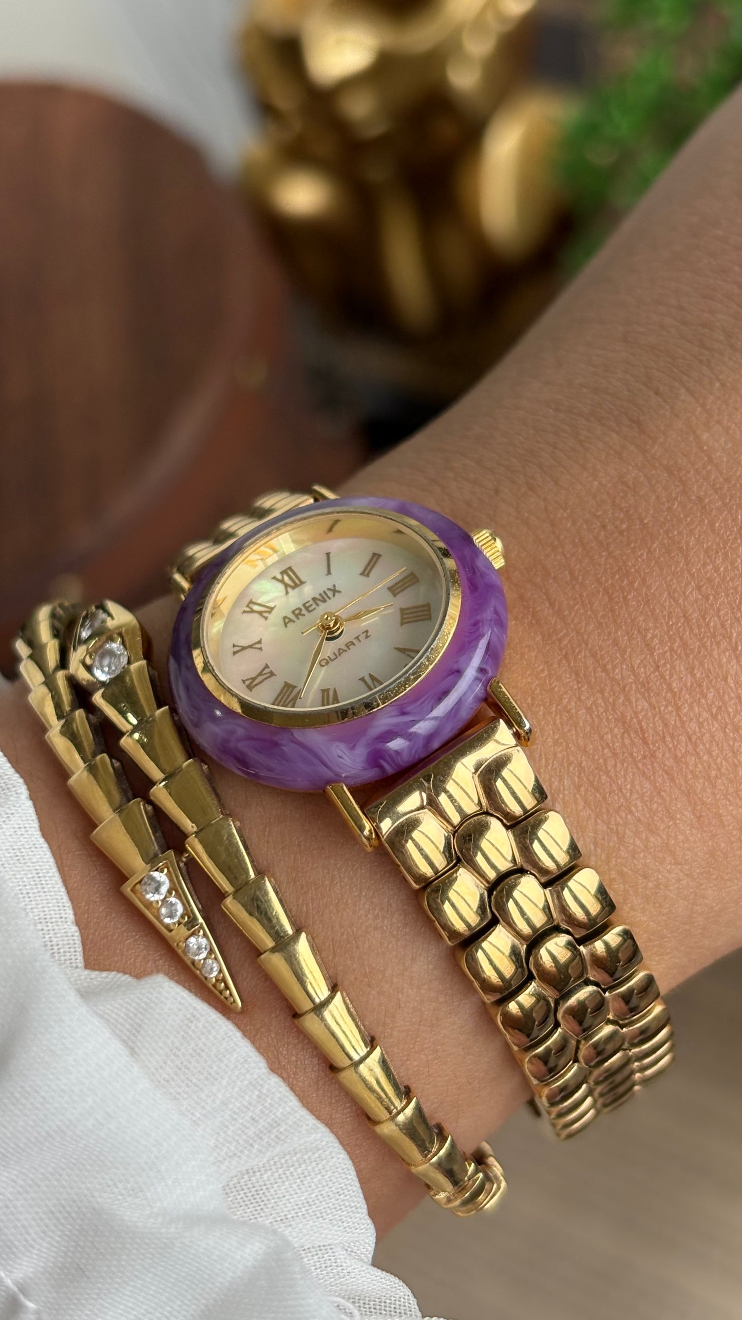 Vintage Arenix Watch in Gold Tone Amethyst Bezel Pearl Dial