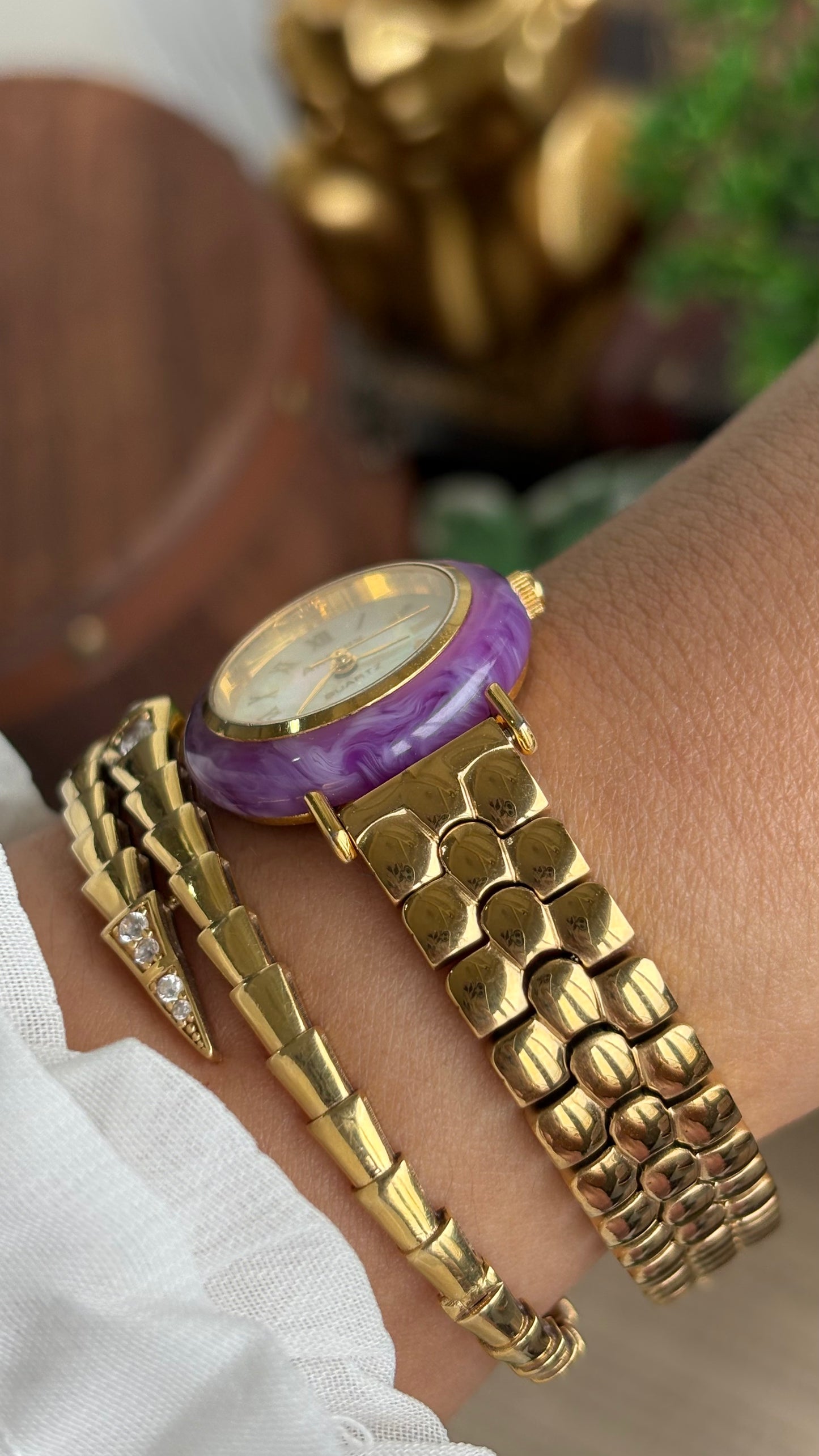 Vintage Arenix Watch in Gold Tone Amethyst Bezel Pearl Dial