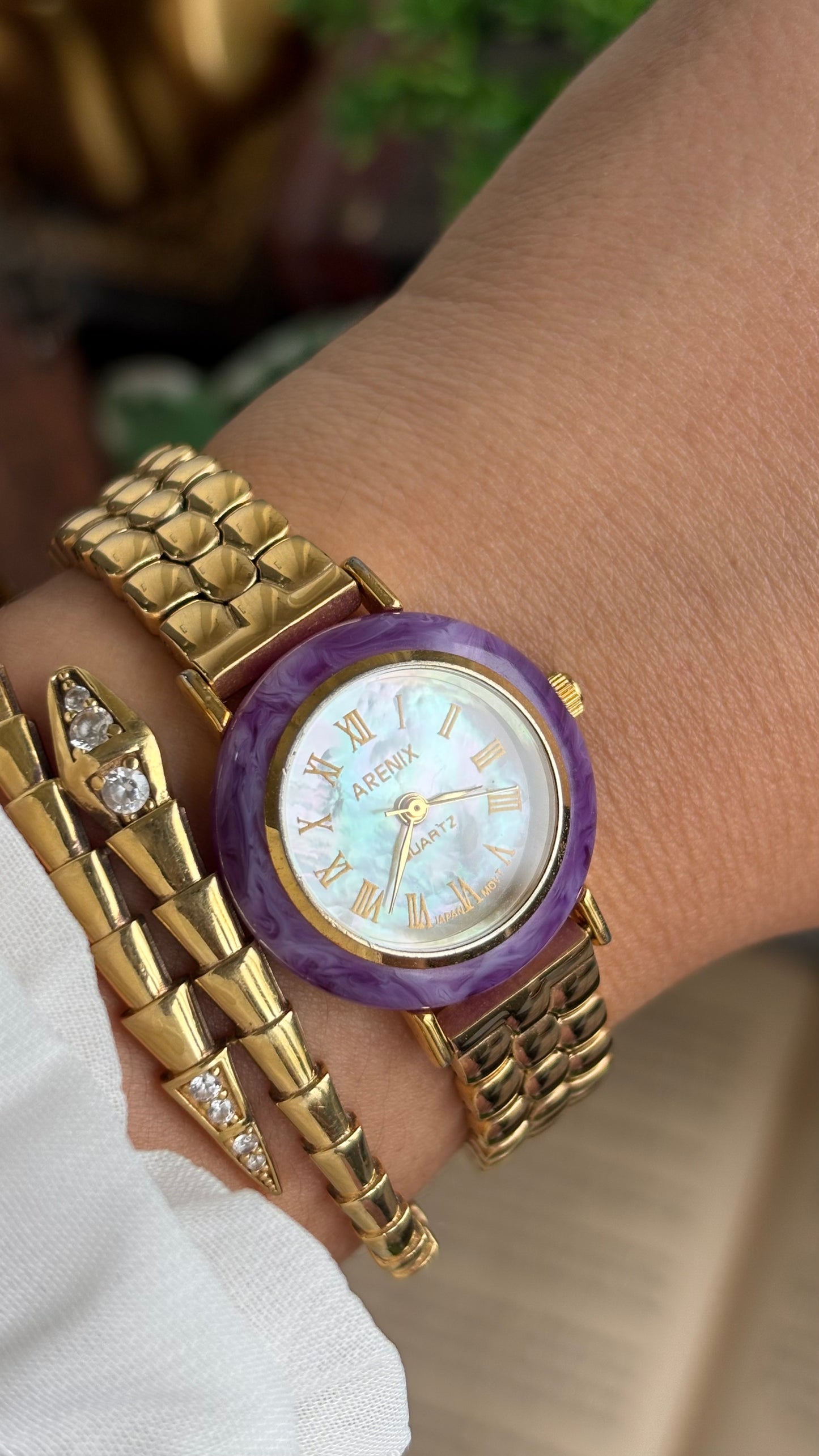Vintage Arenix Watch in Gold Tone Amethyst Bezel Pearl Dial
