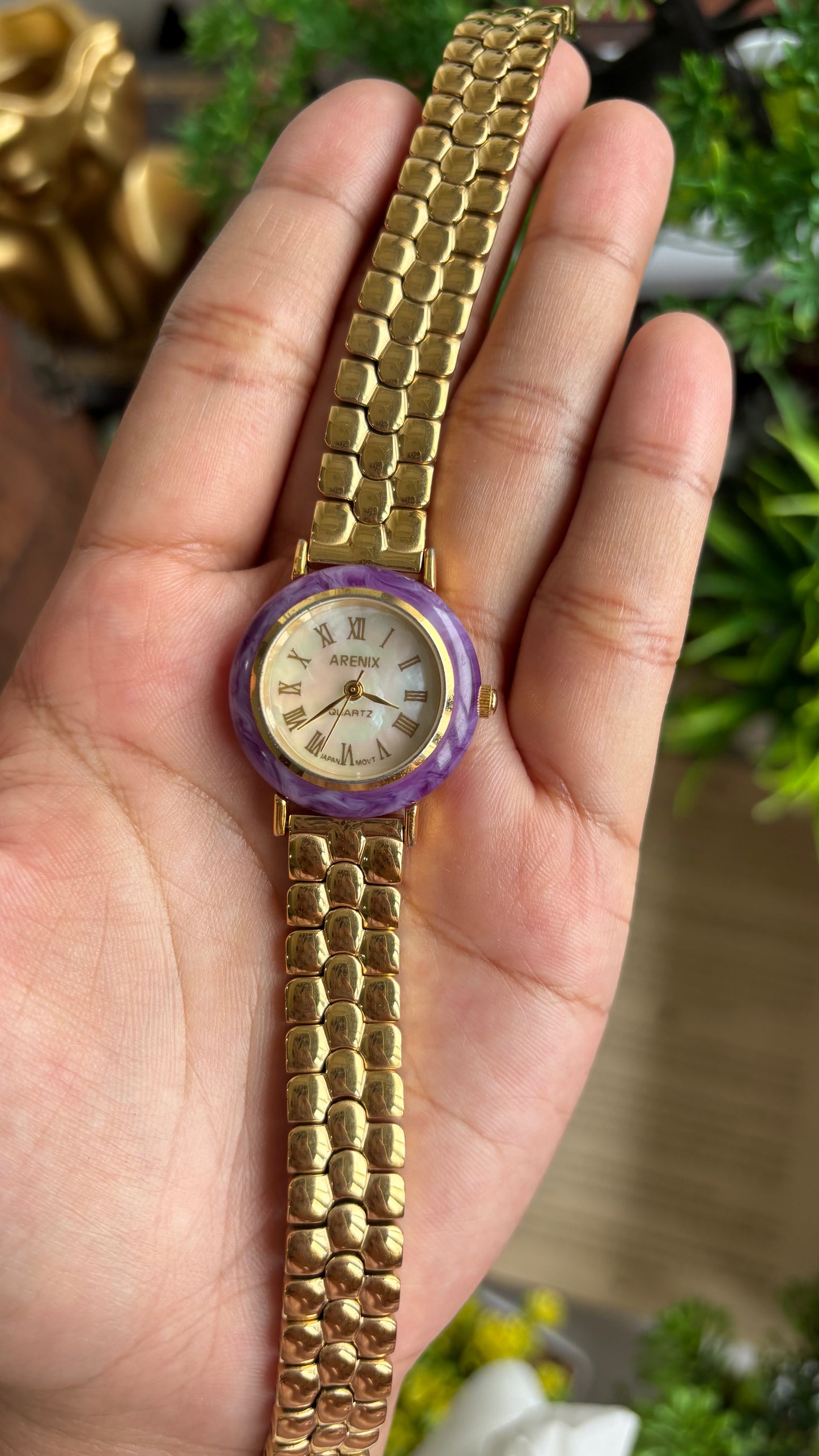 Vintage Arenix Watch in Gold Tone Amethyst Bezel Pearl Dial