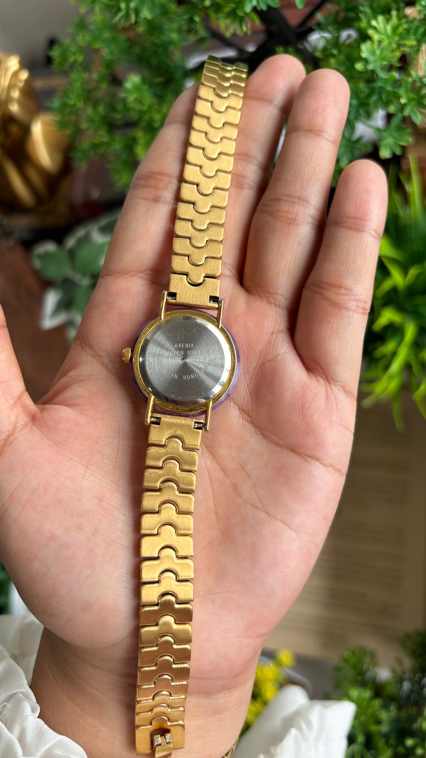 Vintage Arenix Watch in Gold Tone Amethyst Bezel Pearl Dial