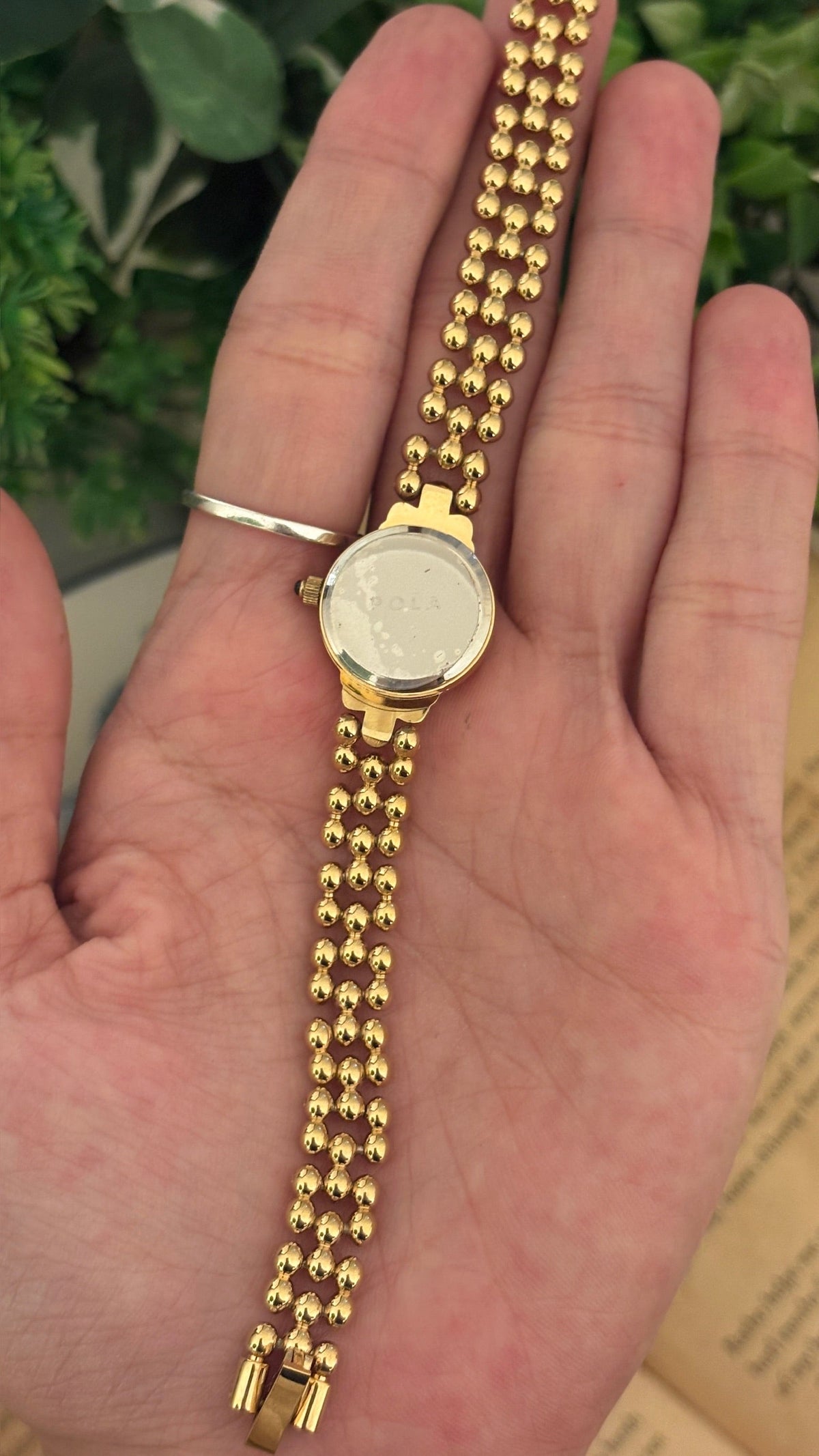 Rare Vintage Pola Coquette Motif Bead Bracelet Watch in Gold Tone Quartz