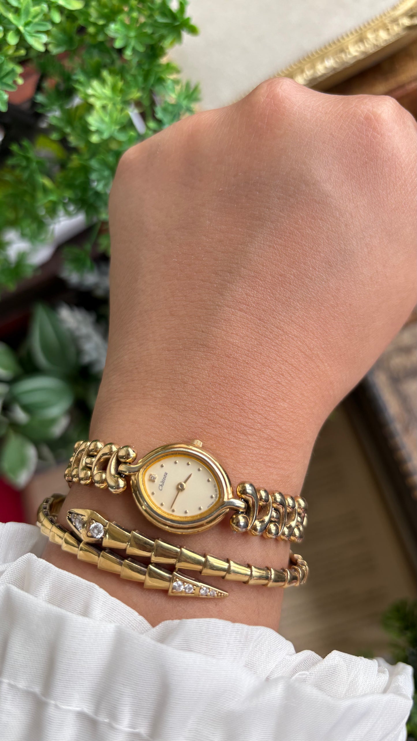 Vintage Chateau Watch in Gold Tone Almond Shape Dial Telephone Chain