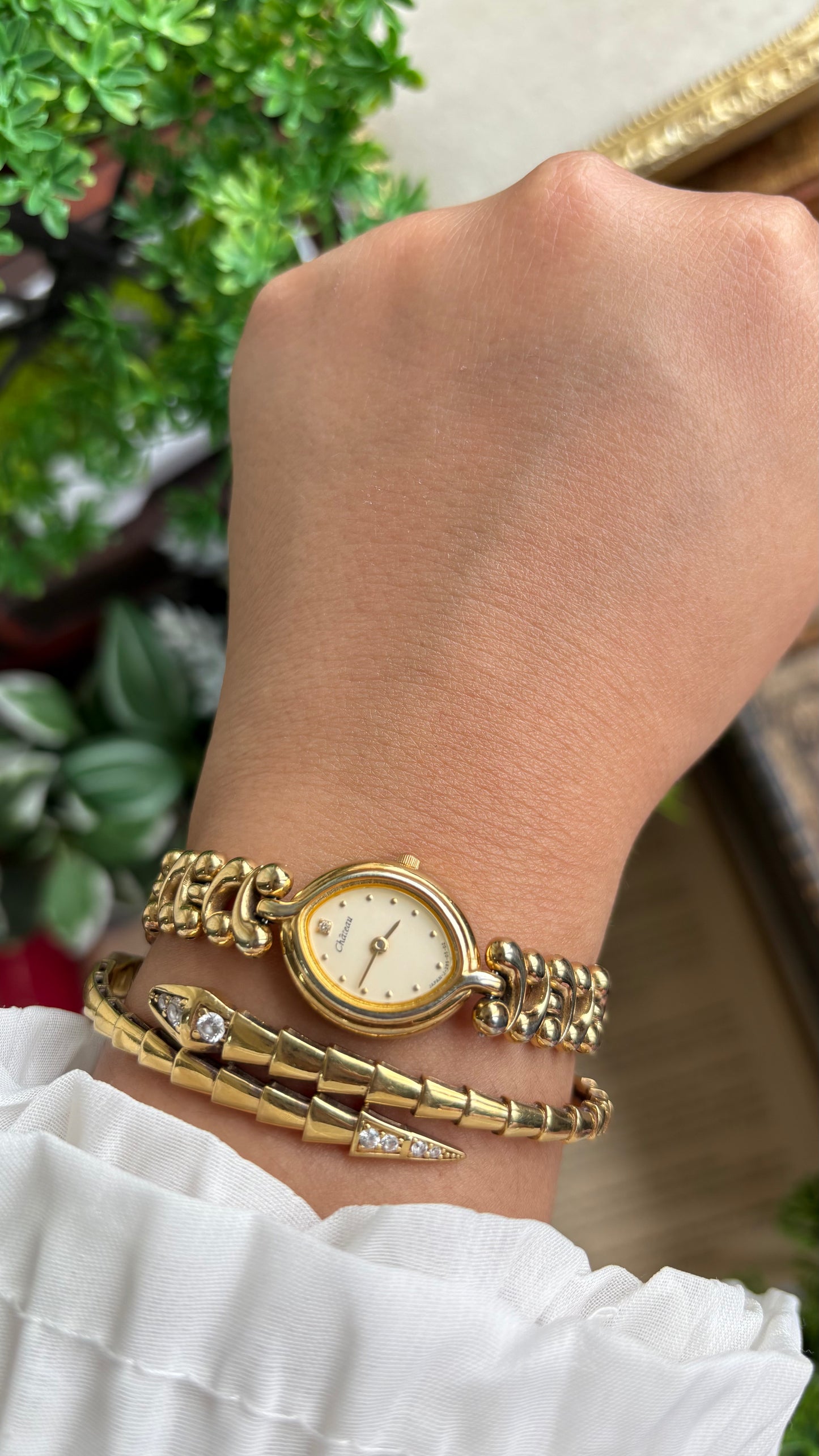 Vintage Chateau Watch in Gold Tone Almond Shape Dial Telephone Chain