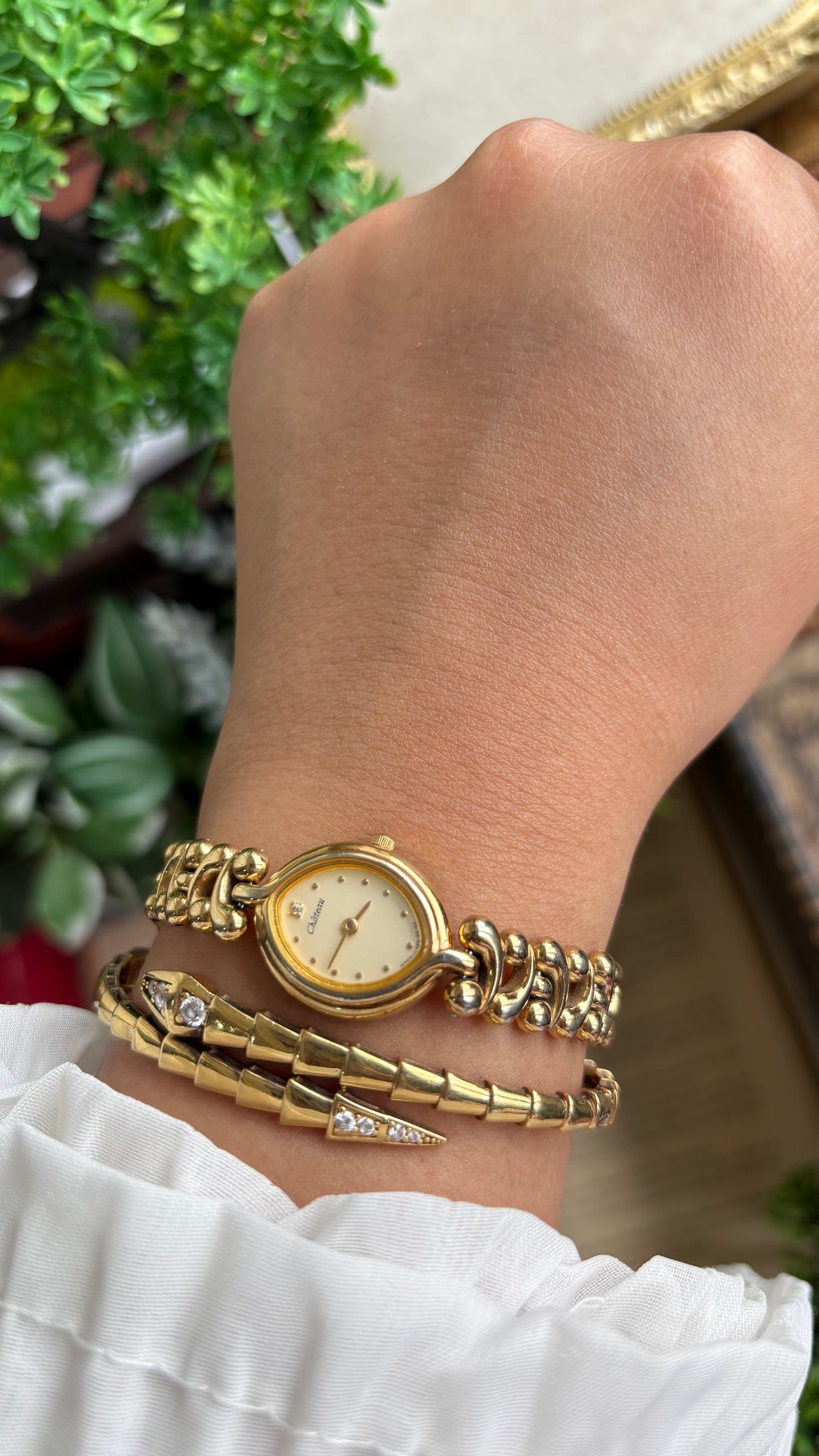Vintage Chateau Watch in Gold Tone Almond Shape Dial Telephone Chain