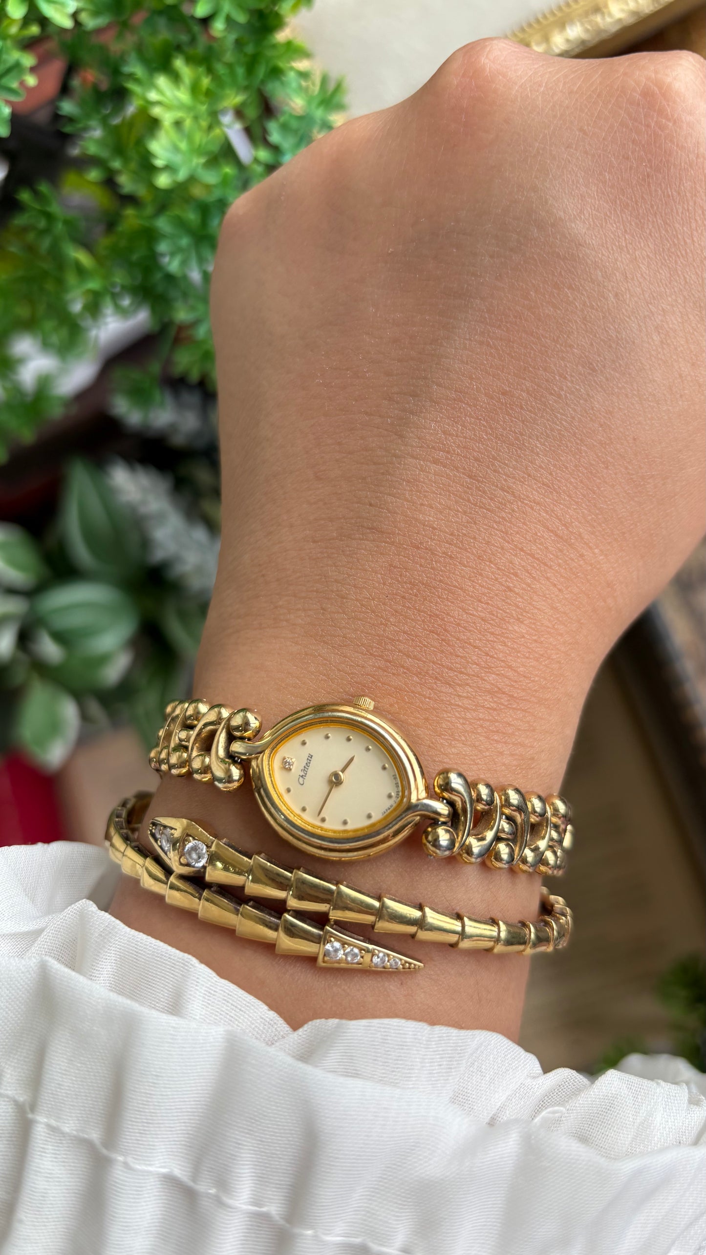 Vintage Chateau Watch in Gold Tone Almond Shape Dial Telephone Chain