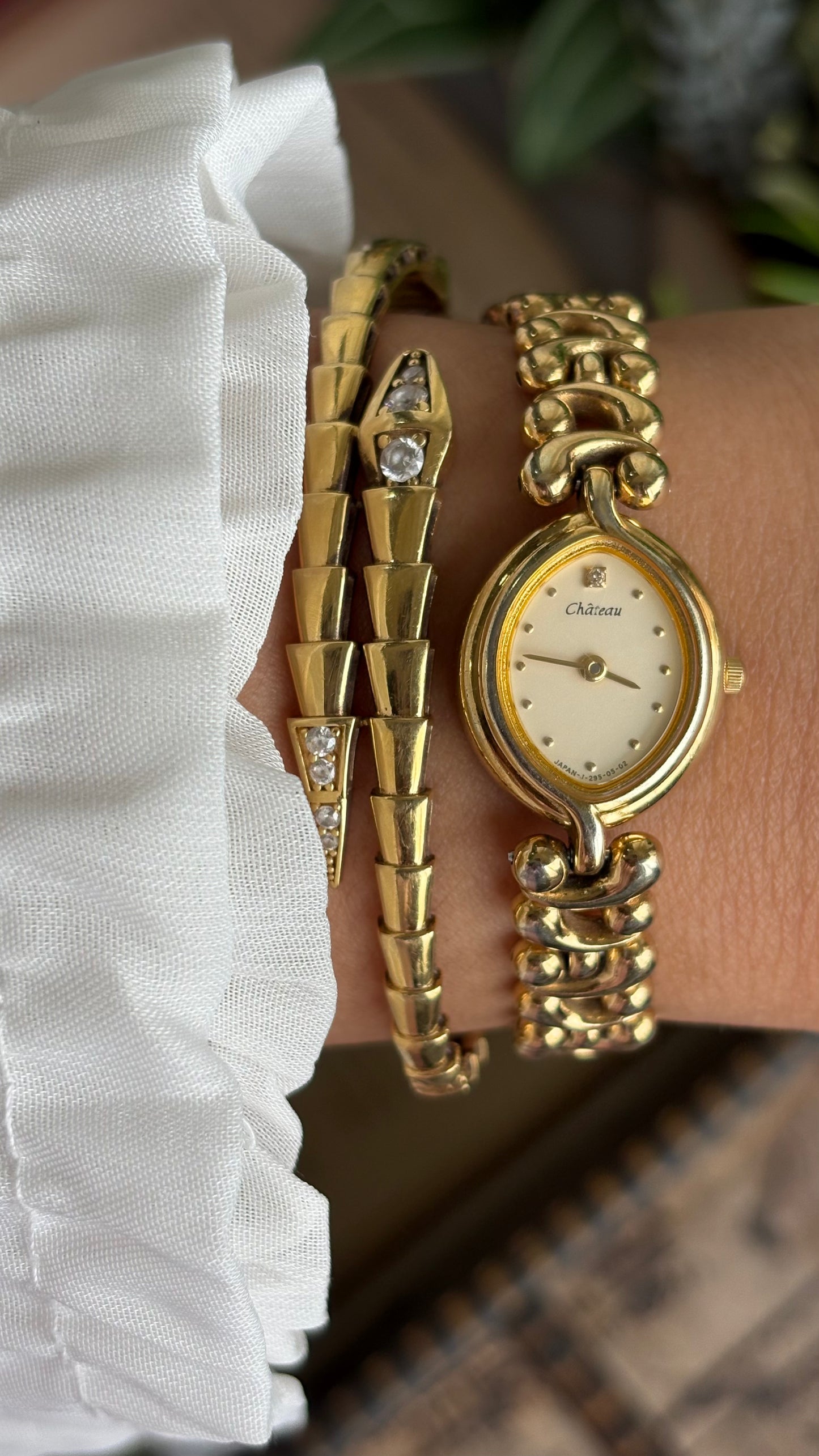 Vintage Chateau Watch in Gold Tone Almond Shape Dial Telephone Chain