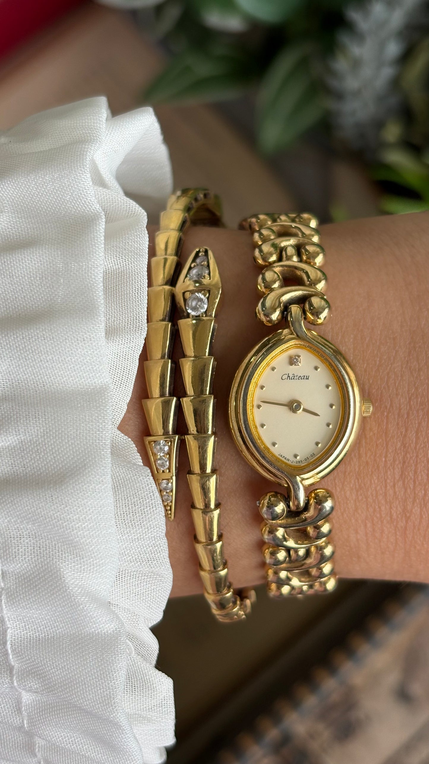 Vintage Chateau Watch in Gold Tone Almond Shape Dial Telephone Chain
