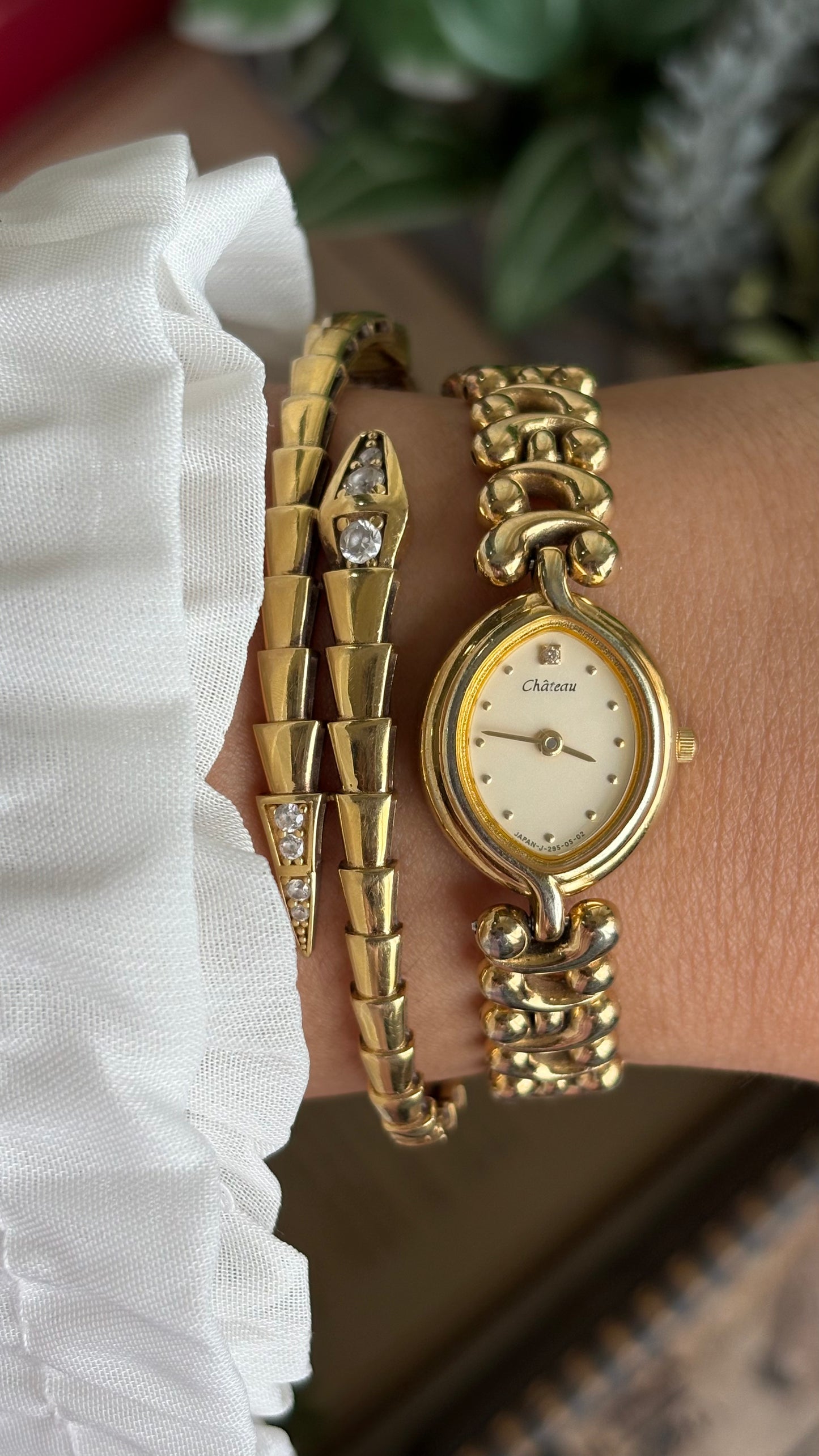 Vintage Chateau Watch in Gold Tone Almond Shape Dial Telephone Chain