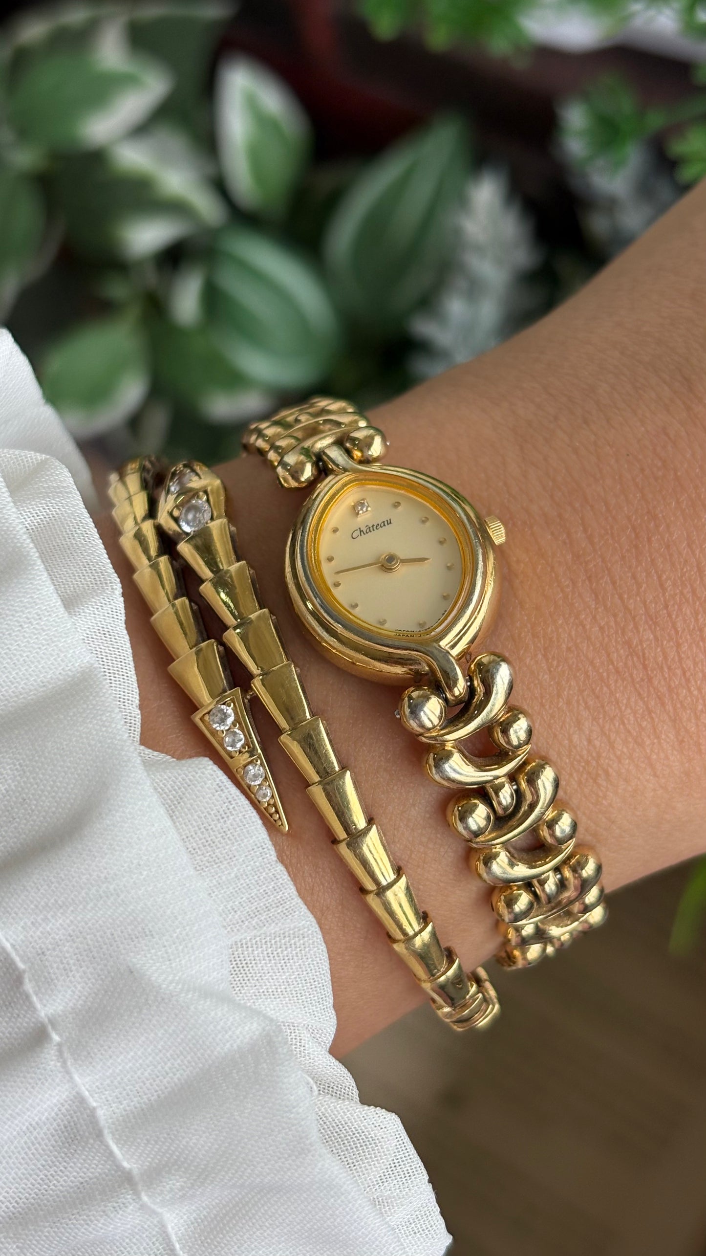 Vintage Chateau Watch in Gold Tone Almond Shape Dial Telephone Chain