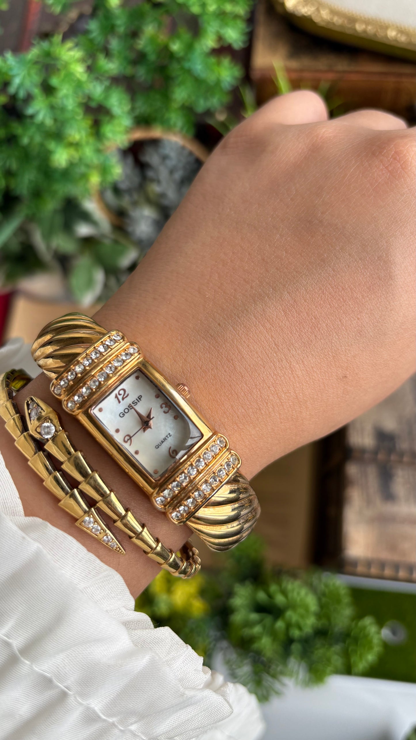 Vintage Gossip Bejeweled Bangle Watch in Gold Tone Pearl Dial
