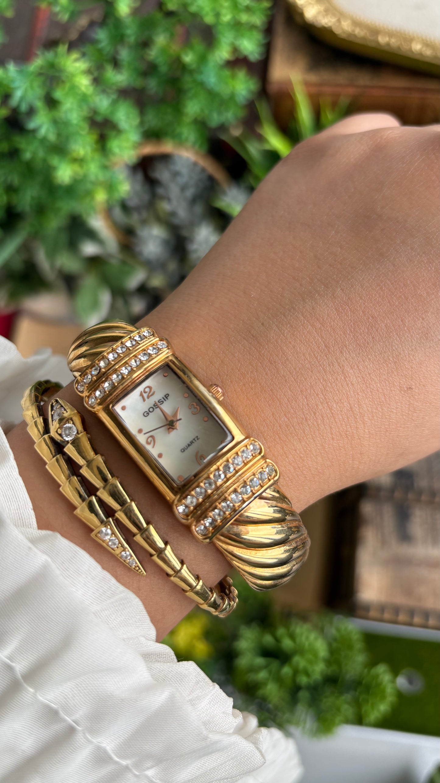 Vintage Gossip Bejeweled Bangle Watch in Gold Tone Pearl Dial
