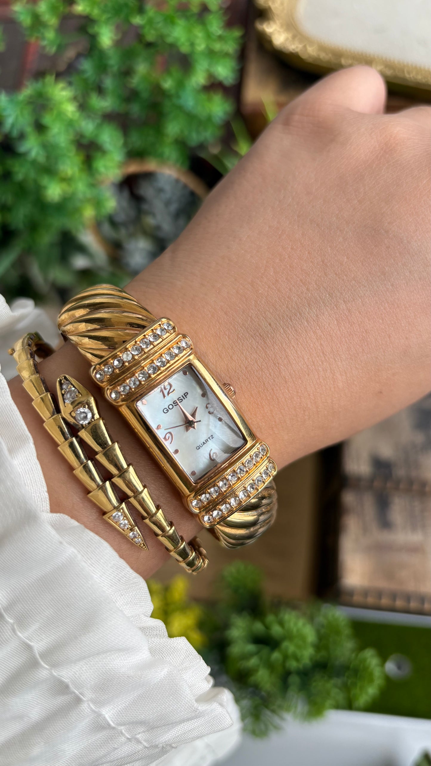 Vintage Gossip Bejeweled Bangle Watch in Gold Tone Pearl Dial