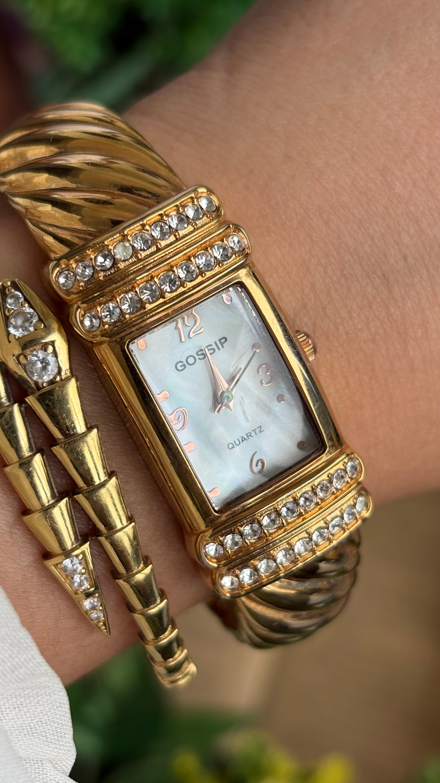 Vintage Gossip Bejeweled Bangle Watch in Gold Tone Pearl Dial