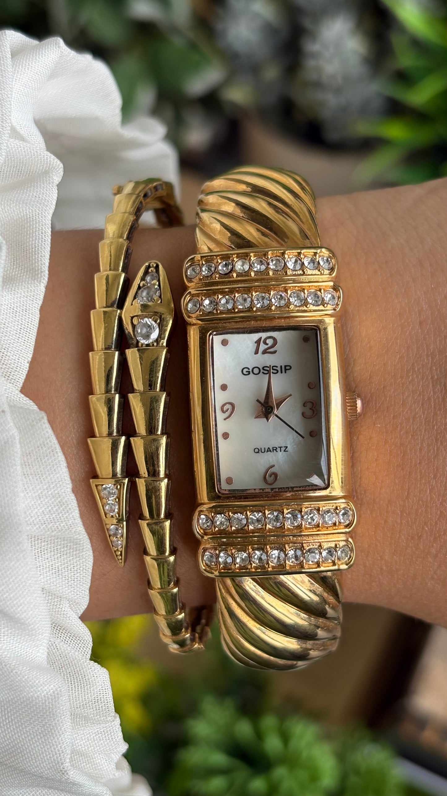 Vintage Gossip Bejeweled Bangle Watch in Gold Tone Pearl Dial