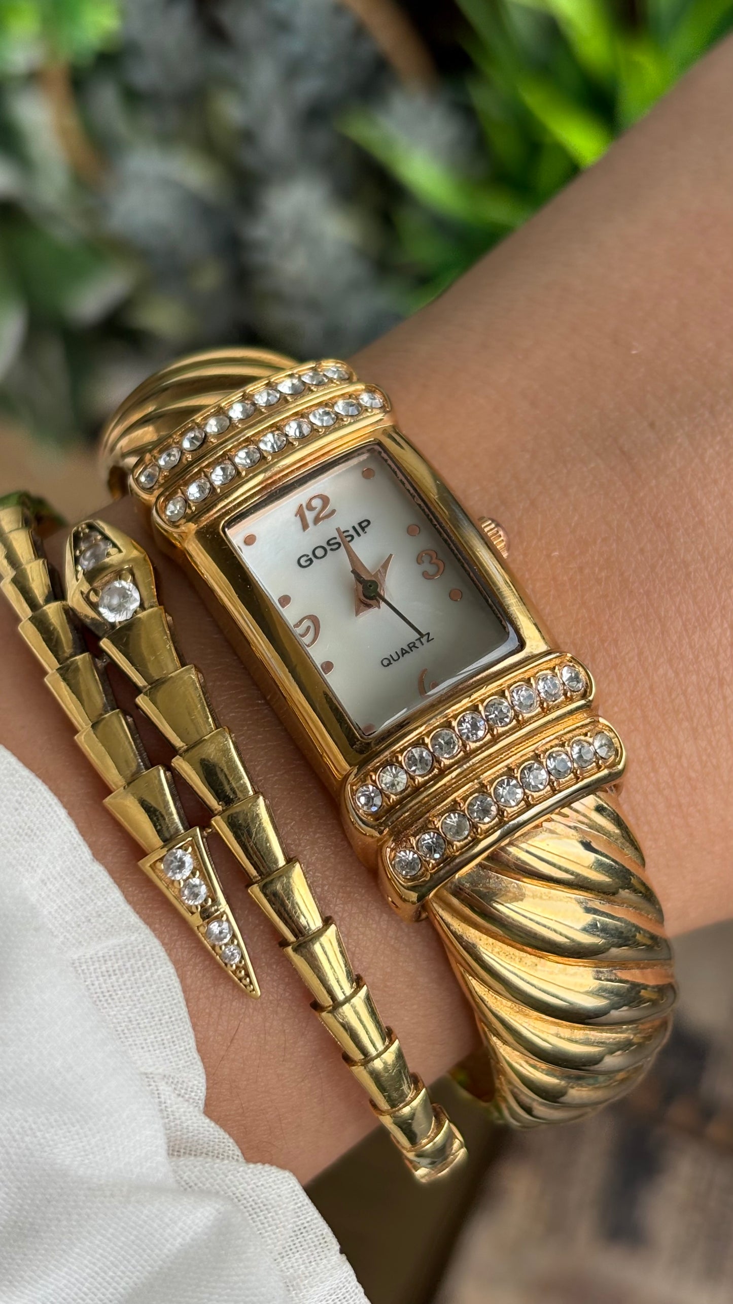 Vintage Gossip Bejeweled Bangle Watch in Gold Tone Pearl Dial