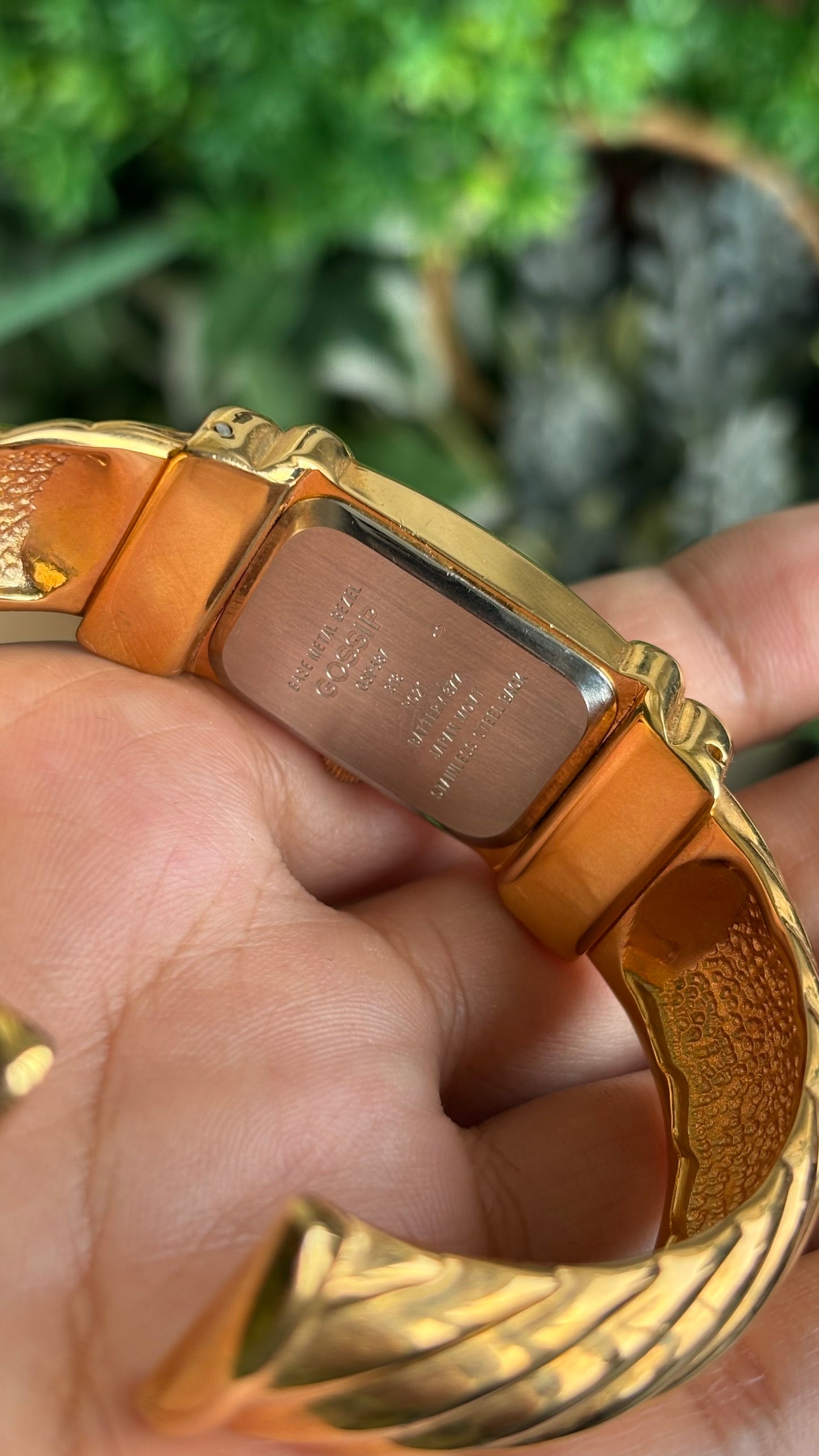 Vintage Gossip Bejeweled Bangle Watch in Gold Tone Pearl Dial