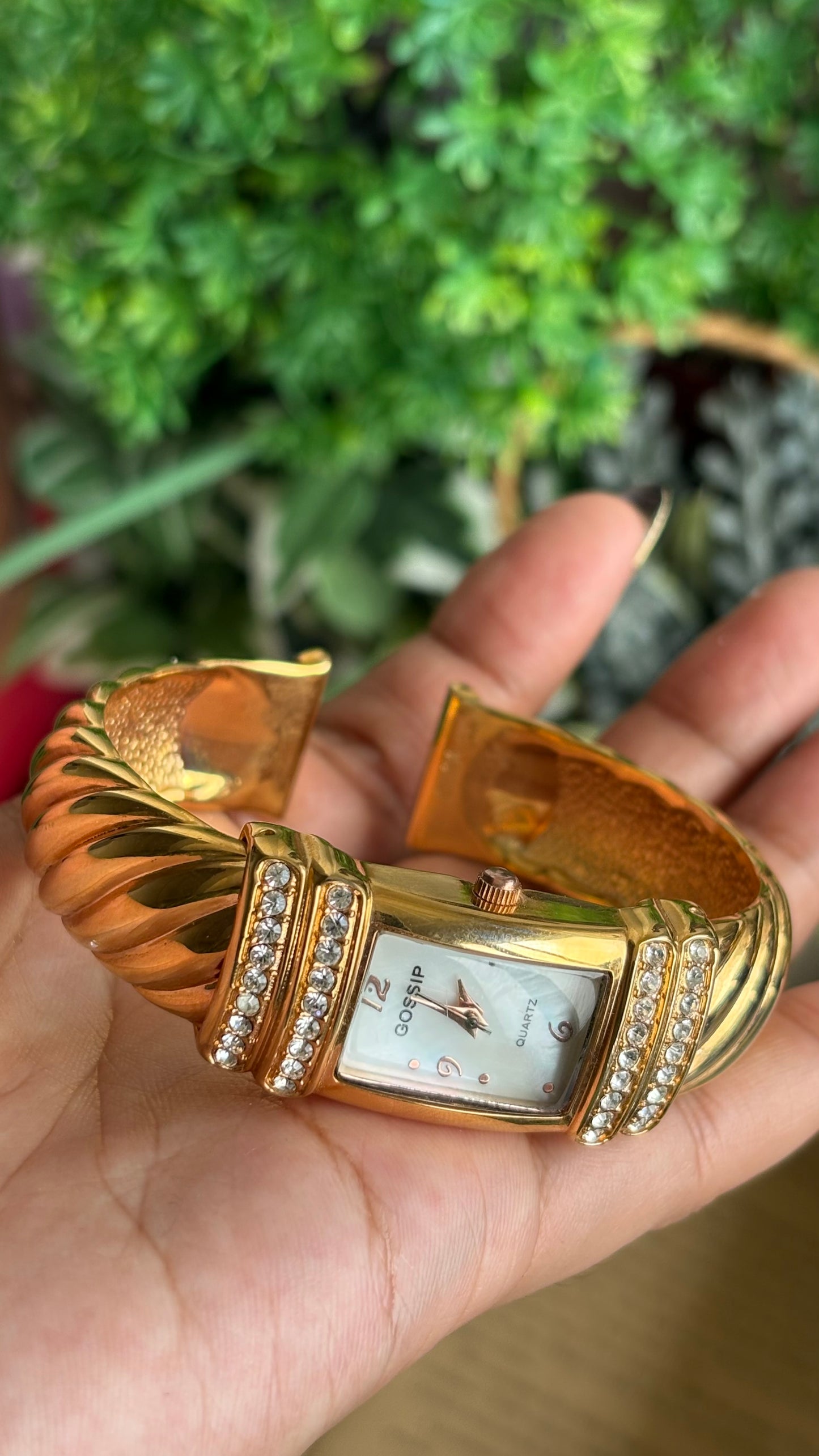 Vintage Gossip Bejeweled Bangle Watch in Gold Tone Pearl Dial