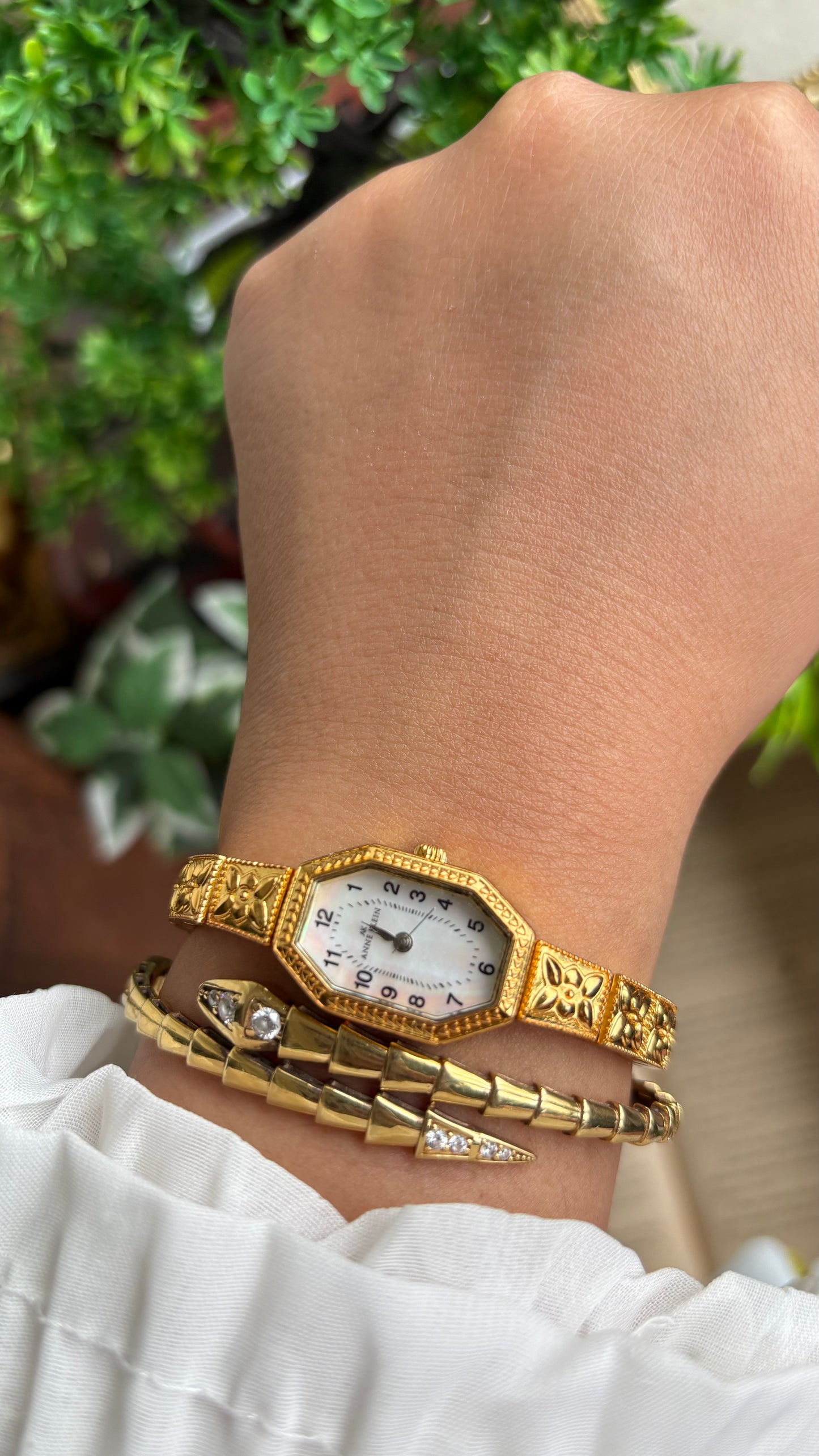 Extremely Rare Vintage Anne Klein Art Deco Watch in Gold Tone Mother of Pearl Dial