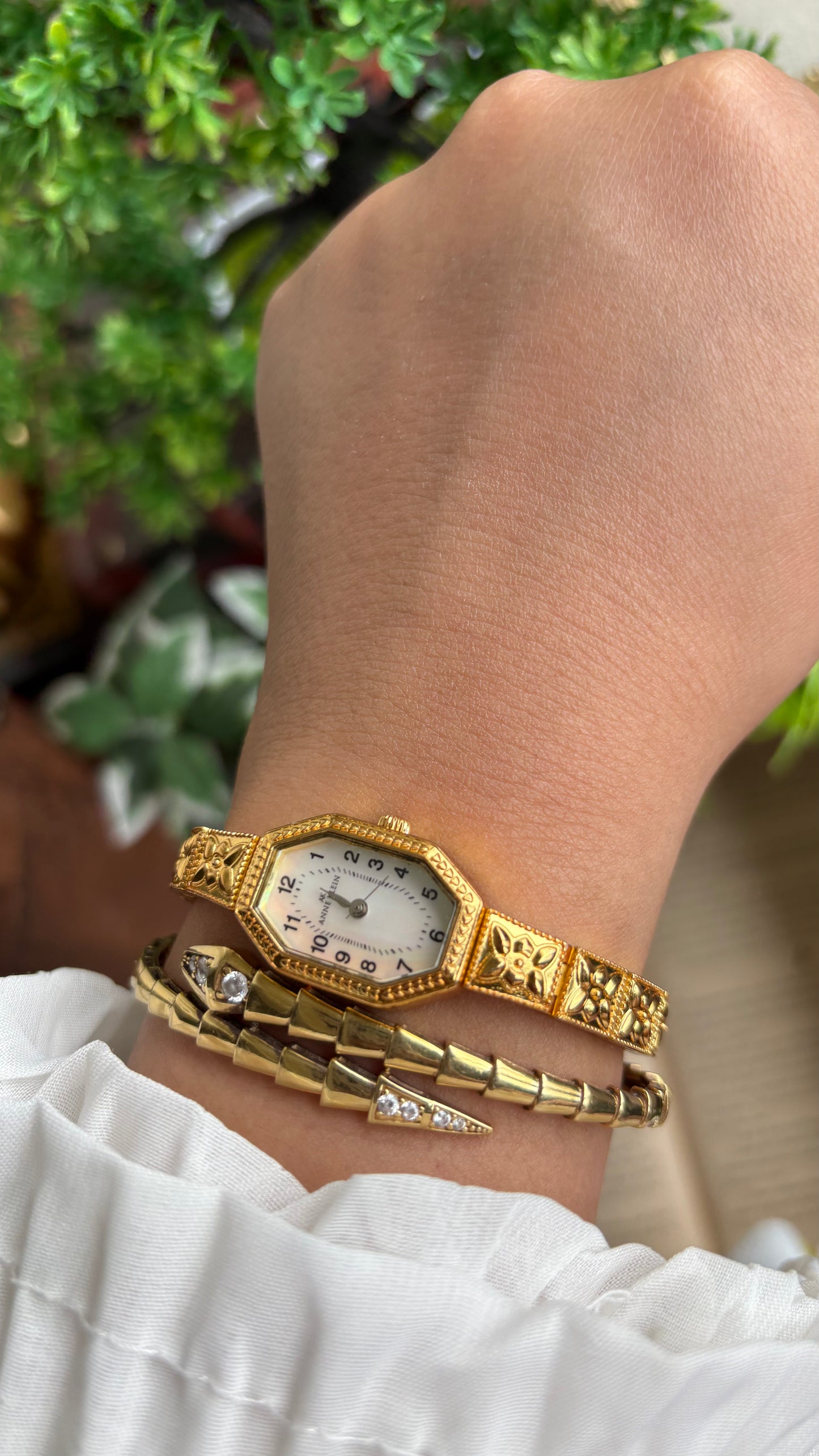 Extremely Rare Vintage Anne Klein Art Deco Watch in Gold Tone Mother of Pearl Dial