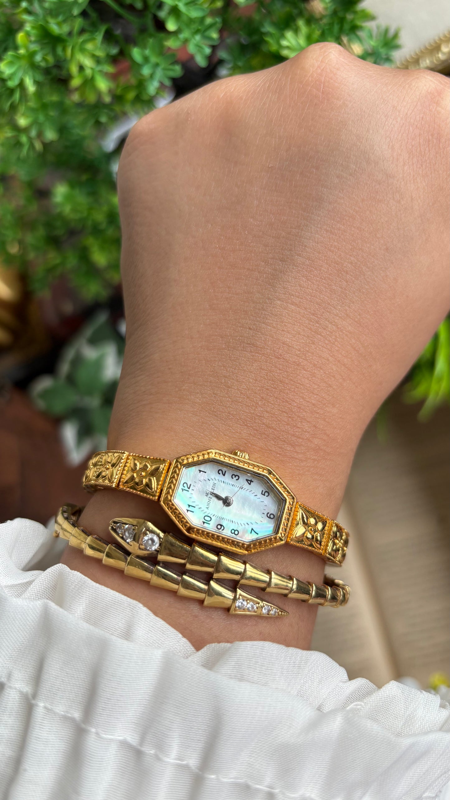Extremely Rare Vintage Anne Klein Art Deco Watch in Gold Tone Mother of Pearl Dial