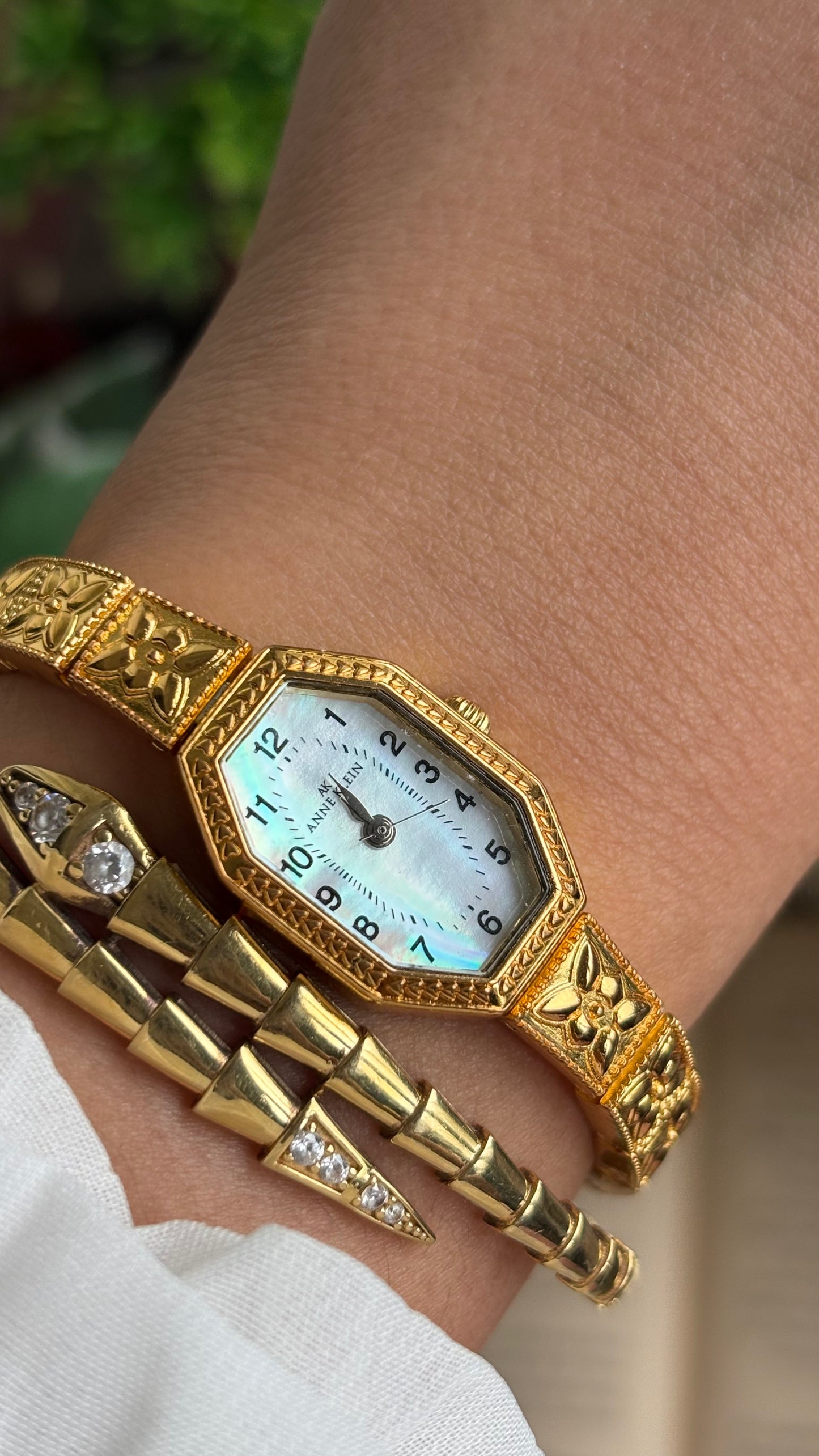 Extremely Rare Vintage Anne Klein Art Deco Watch in Gold Tone Mother of Pearl Dial