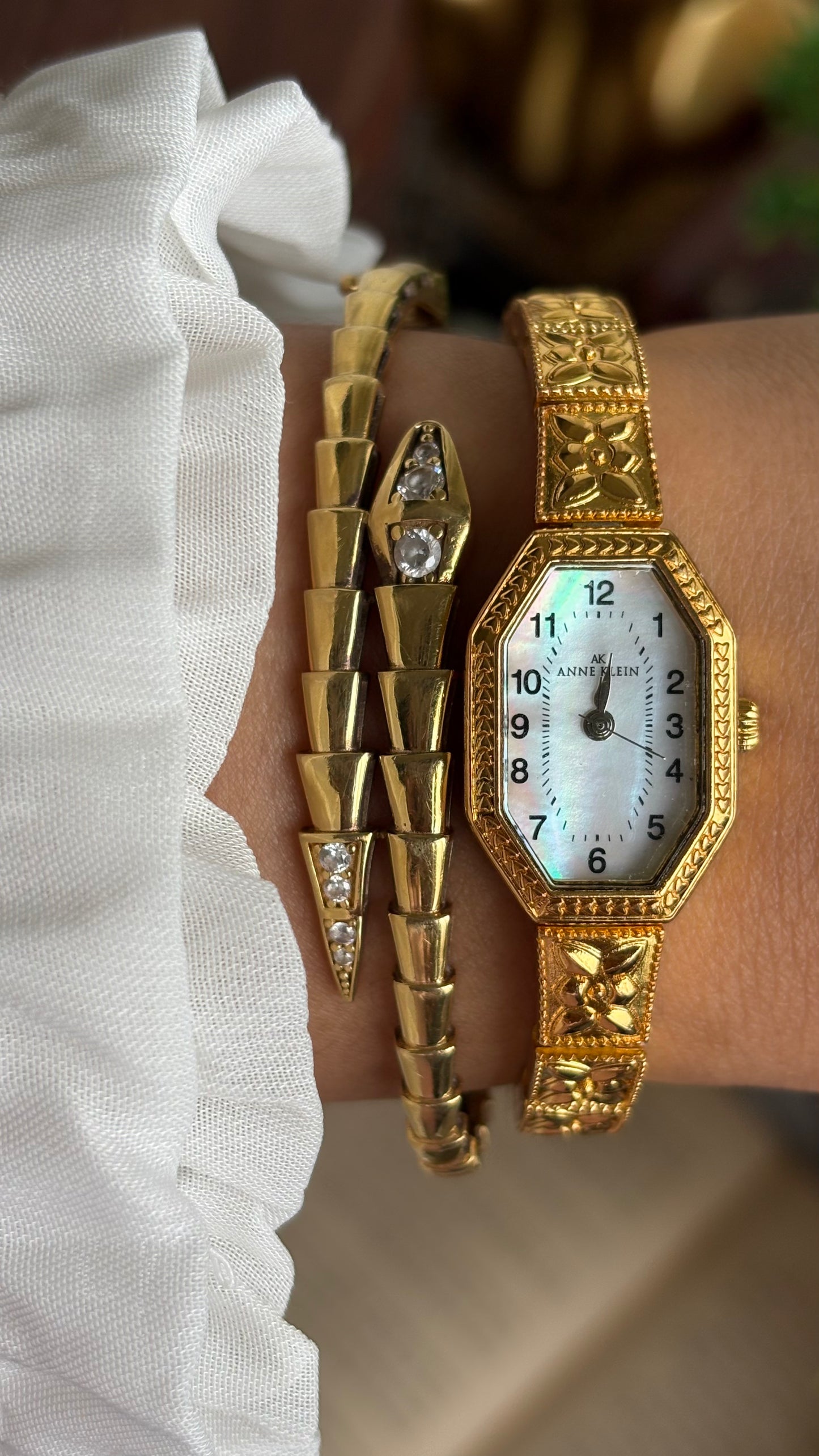Extremely Rare Vintage Anne Klein Art Deco Watch in Gold Tone Mother of Pearl Dial